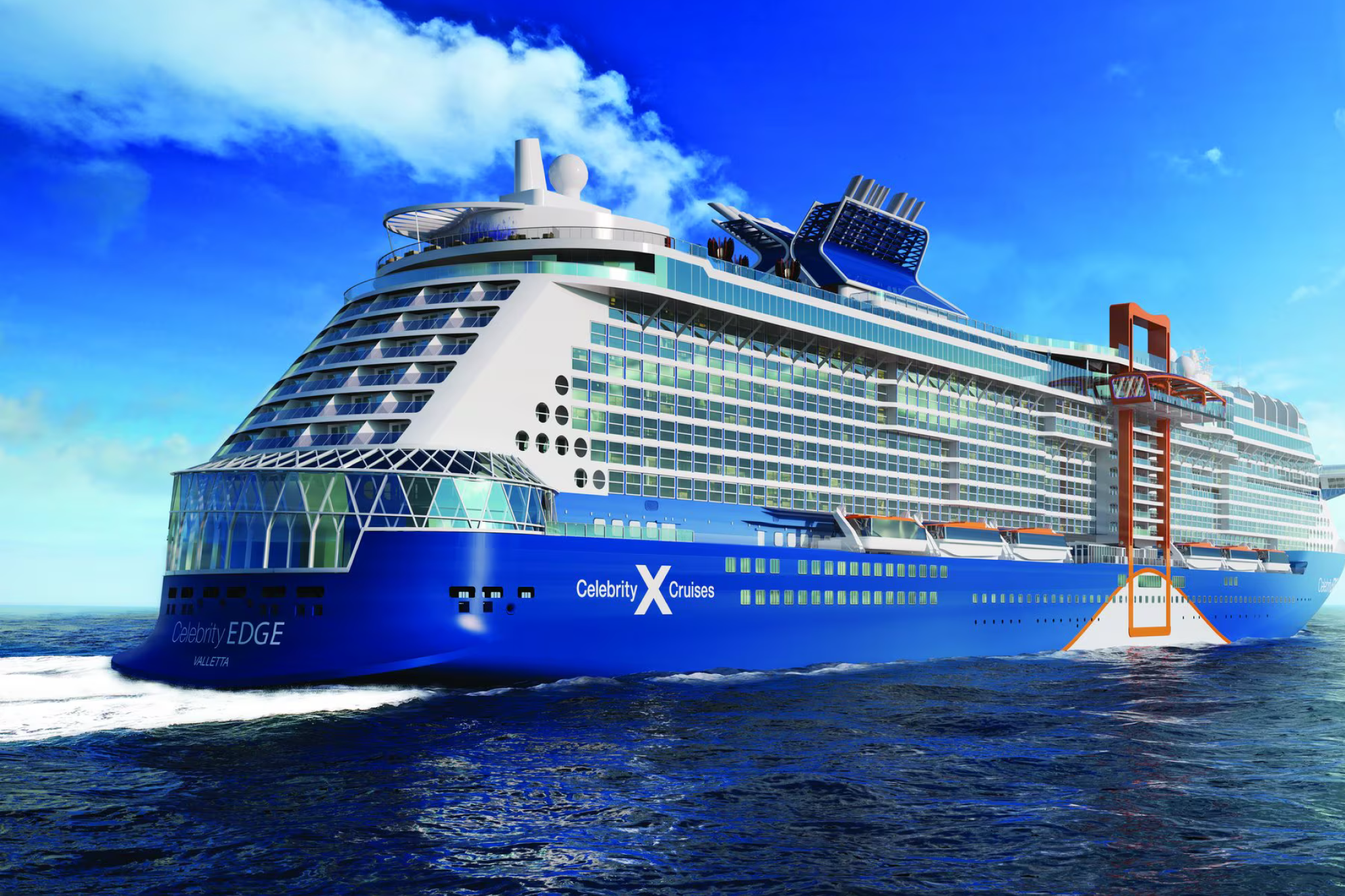 Celebrity Edge cruise ship gliding across a calm blue ocean under clear skies, showcasing modern luxury and style — one of the Best Cruises for Honeymoon travelers who value elegance and comfort.