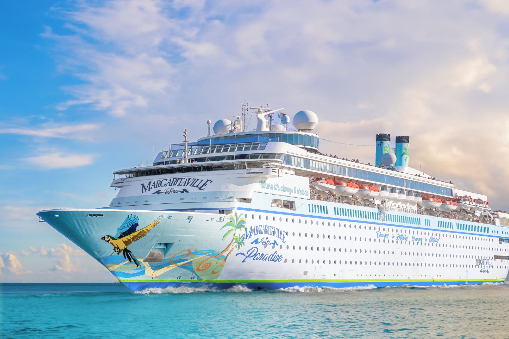 Margaritaville at Sea Paradise with its tropical-themed exterior — a laid-back, fun-filled experience perfect for the best cruises for partying on a weekend escape.