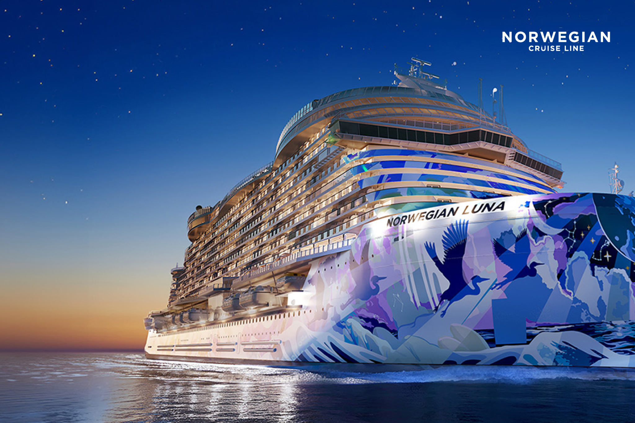 Norwegian Luna illuminated at night, showing why Norwegian is considered one of the best cruises for teens with its go-kart tracks, laser tag, and Entourage lounge.