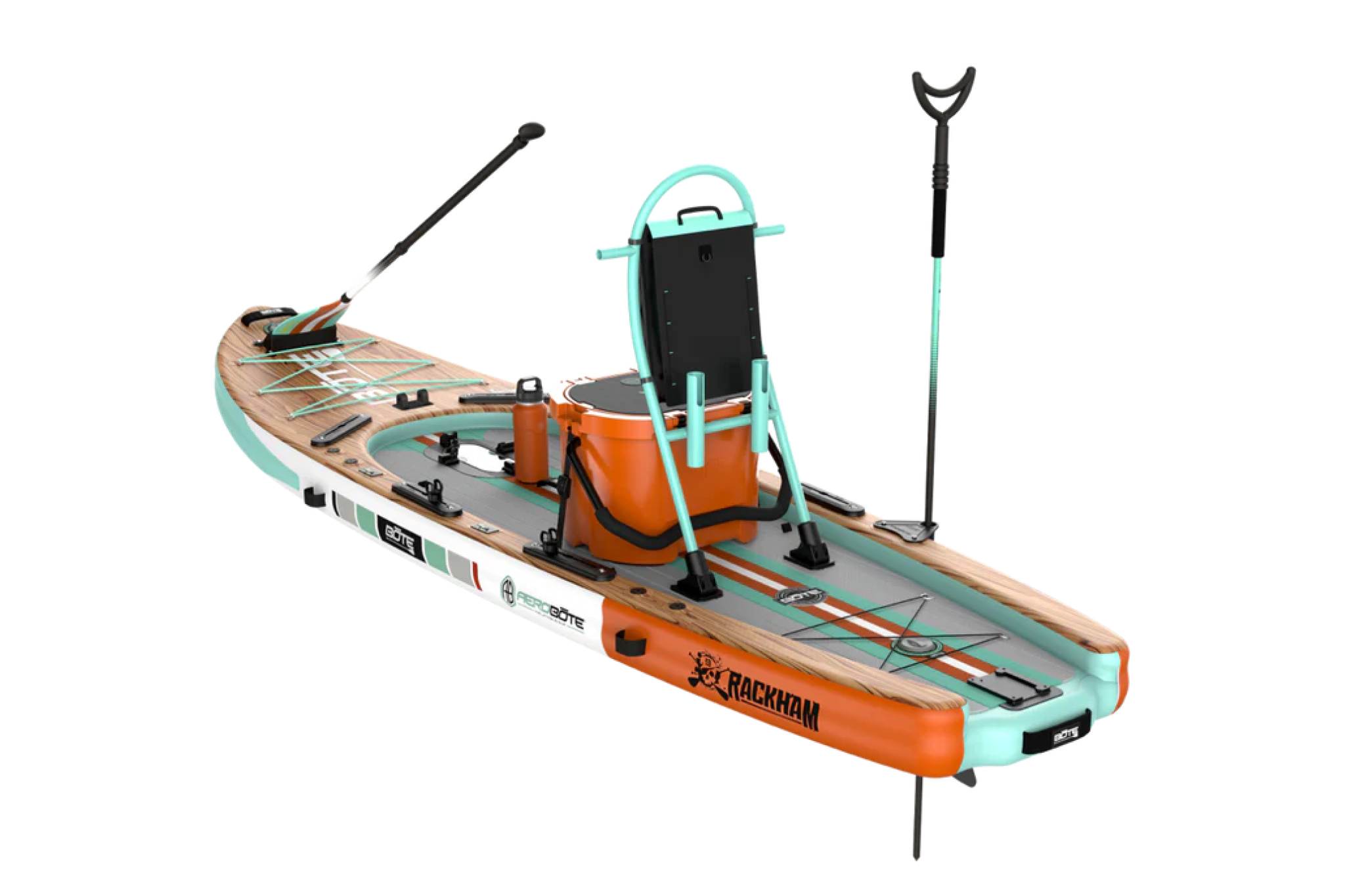 BOTE Rackham Aero rigged for fishing, one of the best inflatable paddle boards for anglers and gear-heavy outings with advanced accessory mounts.