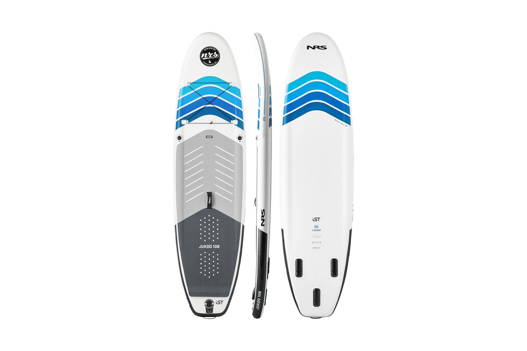 NRS Jukdo 108 displayed from multiple angles, one of the best inflatable paddle boards for stability and all-around paddling in varied water conditions.