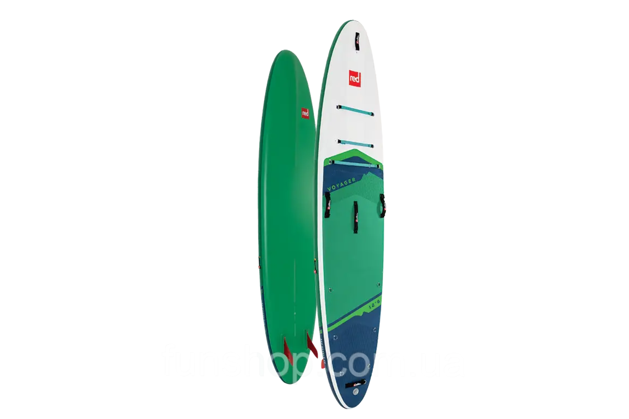 Red Voyager 12’6” shown in side and top views, a touring model known as one of the best inflatable paddle boards for distance and gear capacity.
