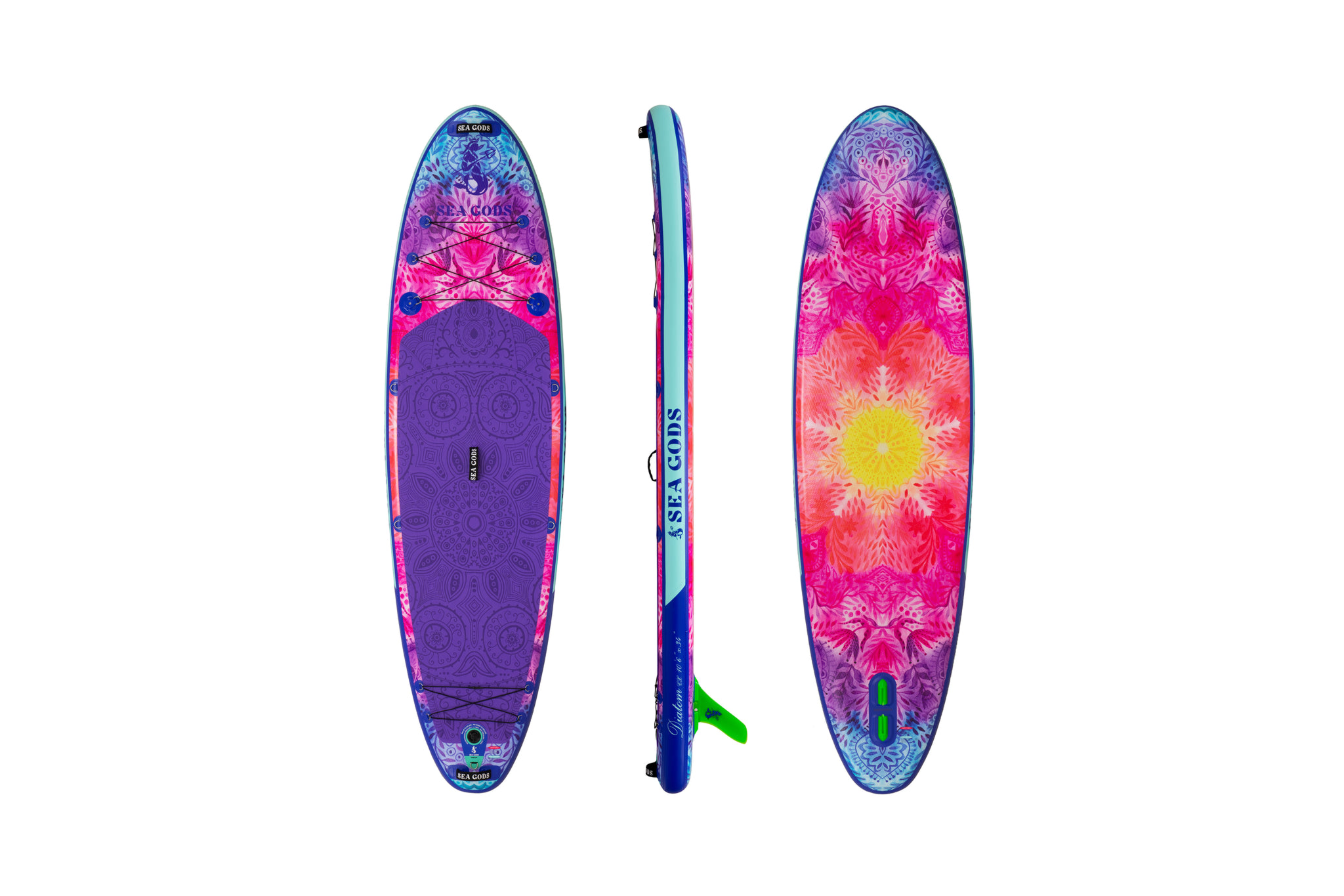 Sea Gods Diatom 10’6” with full artwork design, considered one of the best inflatable paddle boards for beginners, yoga, and visual appeal.