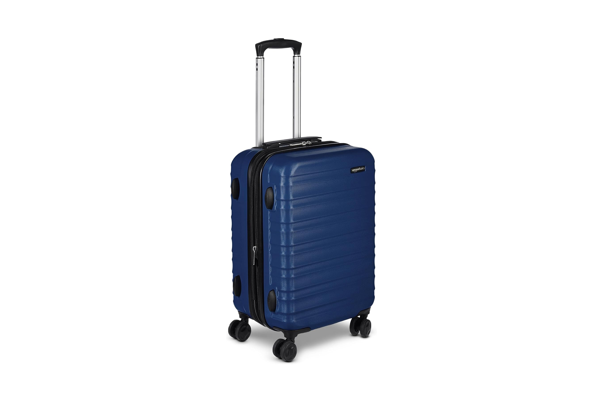 Amazon Basics 21-inch hardside spinner in navy blue, one of the best luggages for travelers seeking solid performance at an entry-level price.