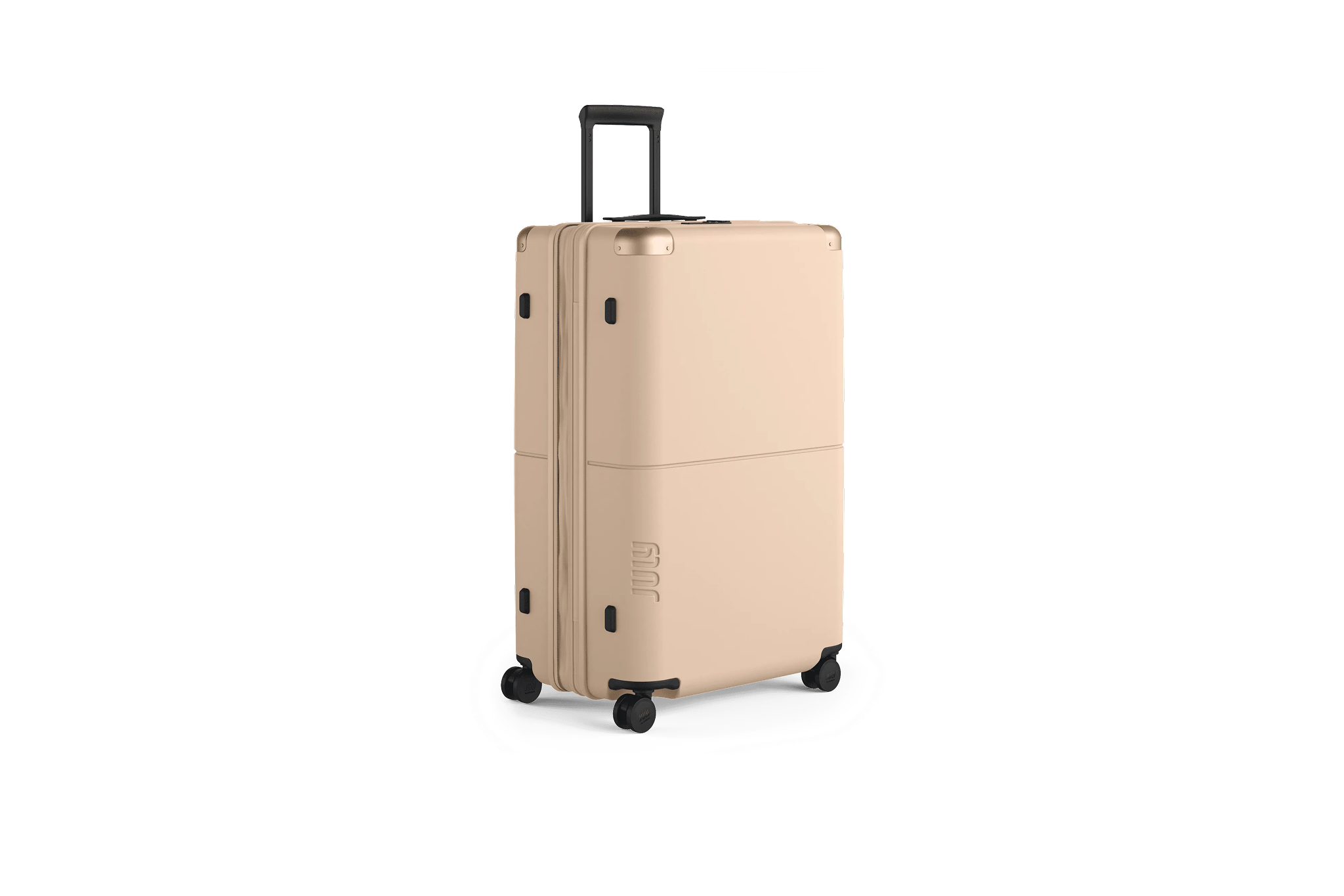 July Checked Plus hard-shell suitcase in beige with twin wheels and ergonomic handle, one of the best luggages for extended travel and checked-in capacity.