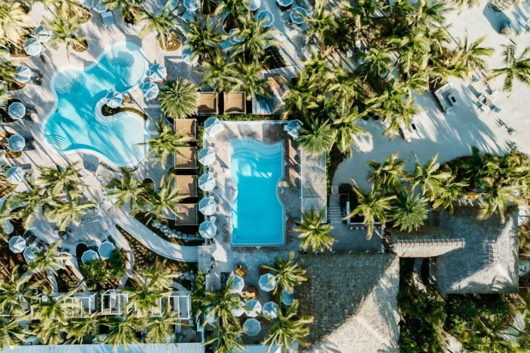 Aerial view of Islander Resort’s beachfront pools and palm trees, showcasing why it ranks among the best resorts in Florida Keys.