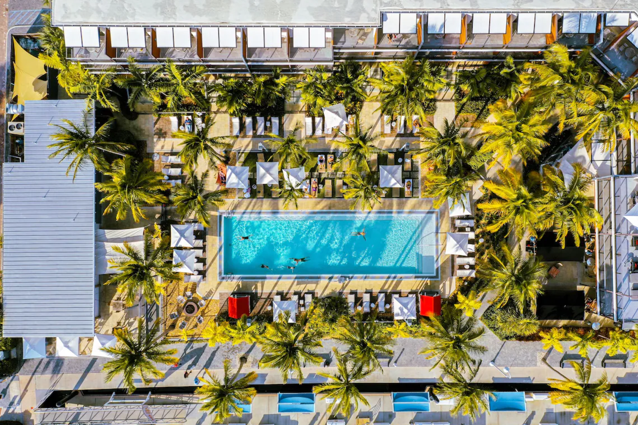 Aerial shot of The Perry Hotel Key West’s modern pool and palm-lined design, making it one of the best resorts in Florida Keys for style and comfort.