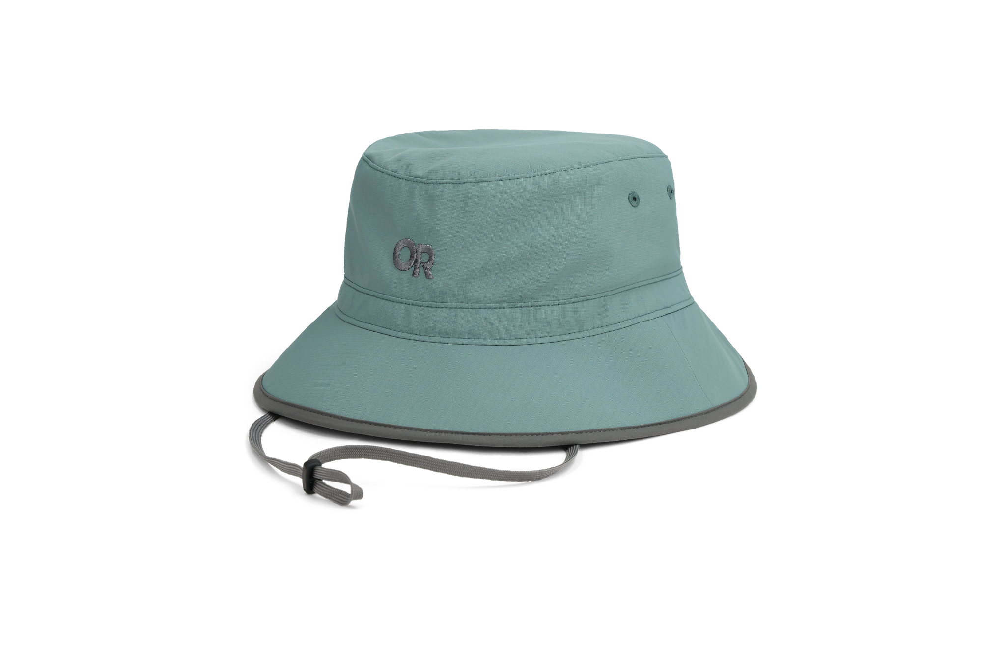 Outdoor Research Sun Bucket Hat in blue-gray with short brim and chin strap, one of the best sun hats in 2025 for compact, packable sun protection.