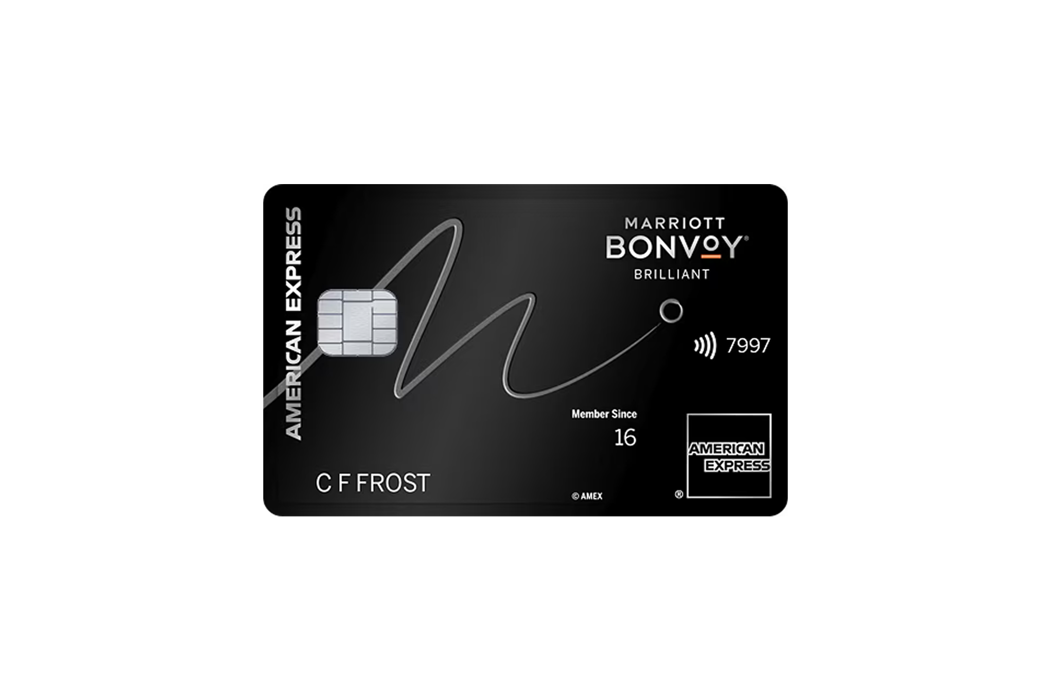 A sleek black Marriott Bonvoy Brilliant American Express credit card, recognized as the best hotel rewards travel credit card of 2026, providing Platinum Elite status, free night awards, and high points on Marriott hotel bookings.