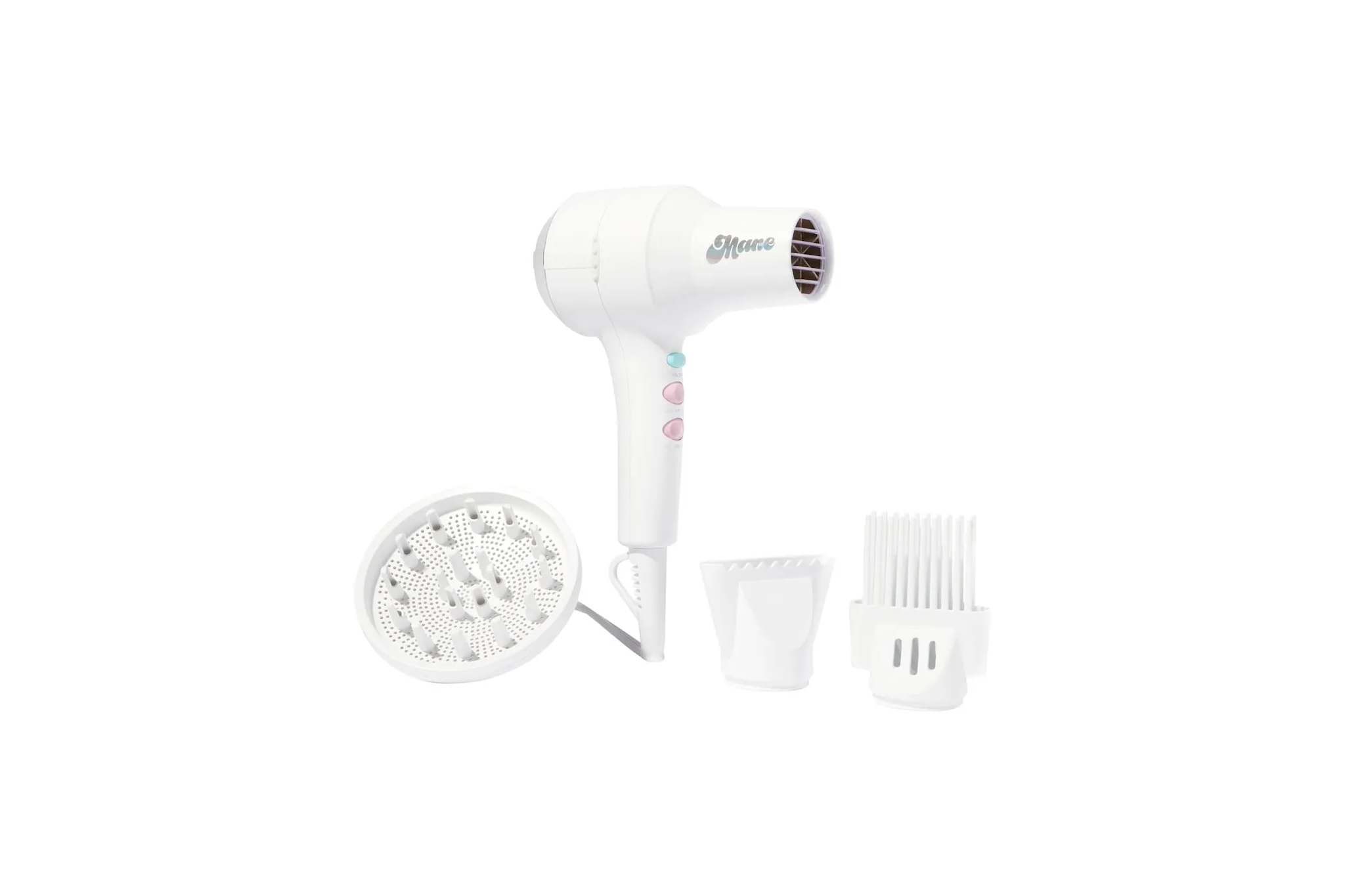 Mane “This Totally Blows!” Ionic Compact Hair Dryer shown with diffuser, concentrator, and comb attachments – a versatile contender for the Best Travel Hair Dryer category.