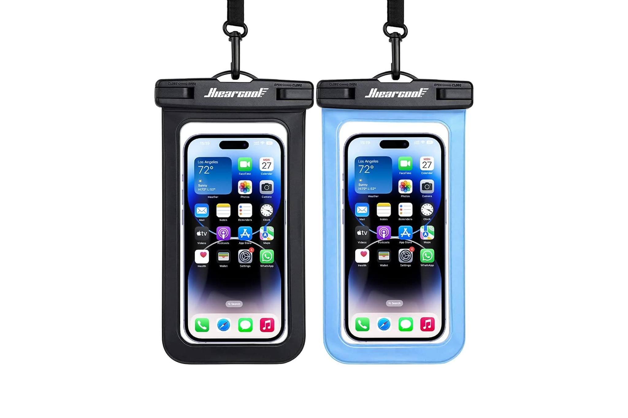 Hiearcool universal waterproof phone pouches 2-pack in black and blue colors with iPhone home screens visible - bestselling best waterproof phone pouches for travel and swimming