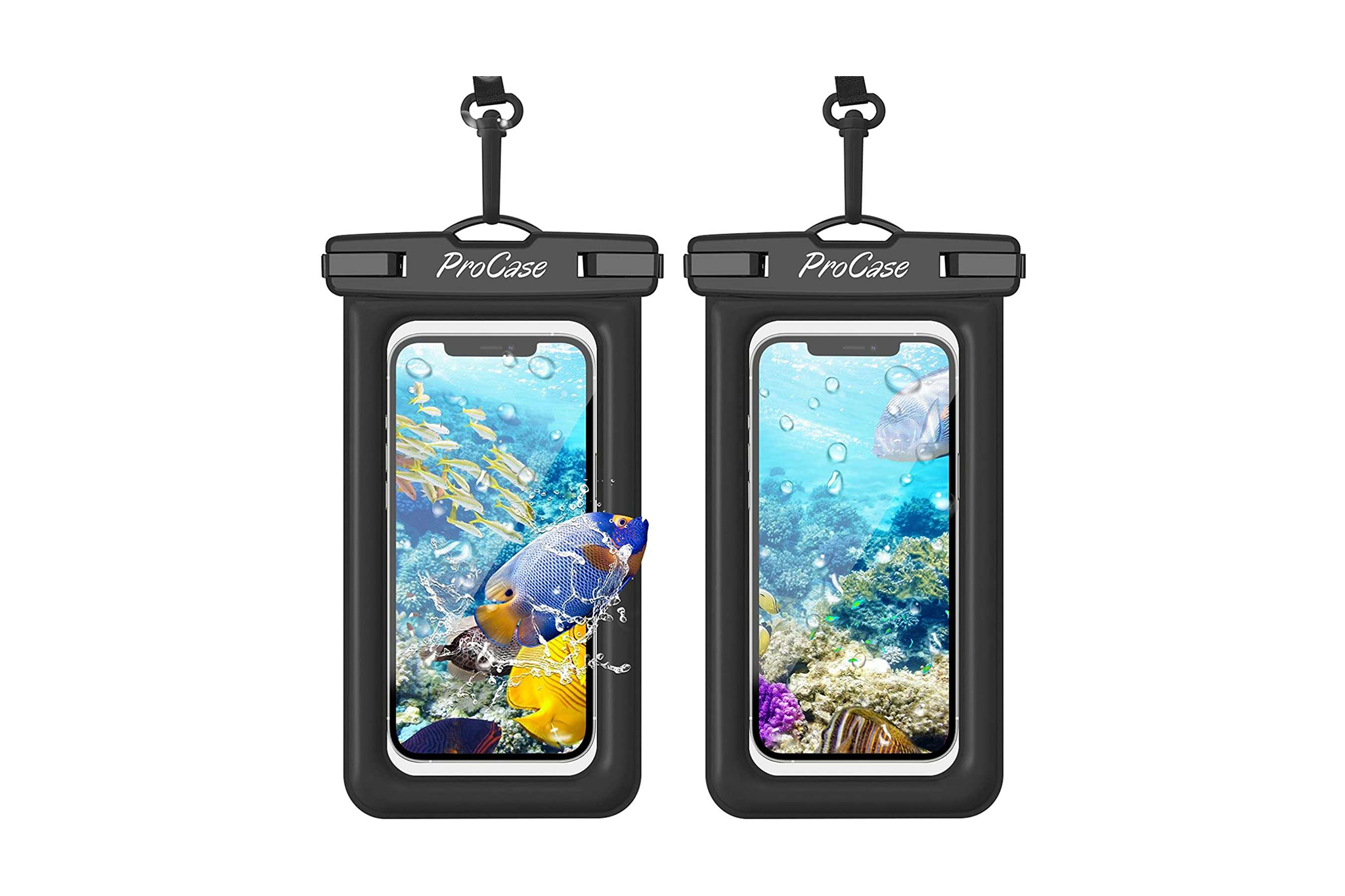 ProCase floating waterproof phone pouches showing two units with underwater marine life photos - best waterproof phone pouches featuring integrated flotation and clear dual-sided windows