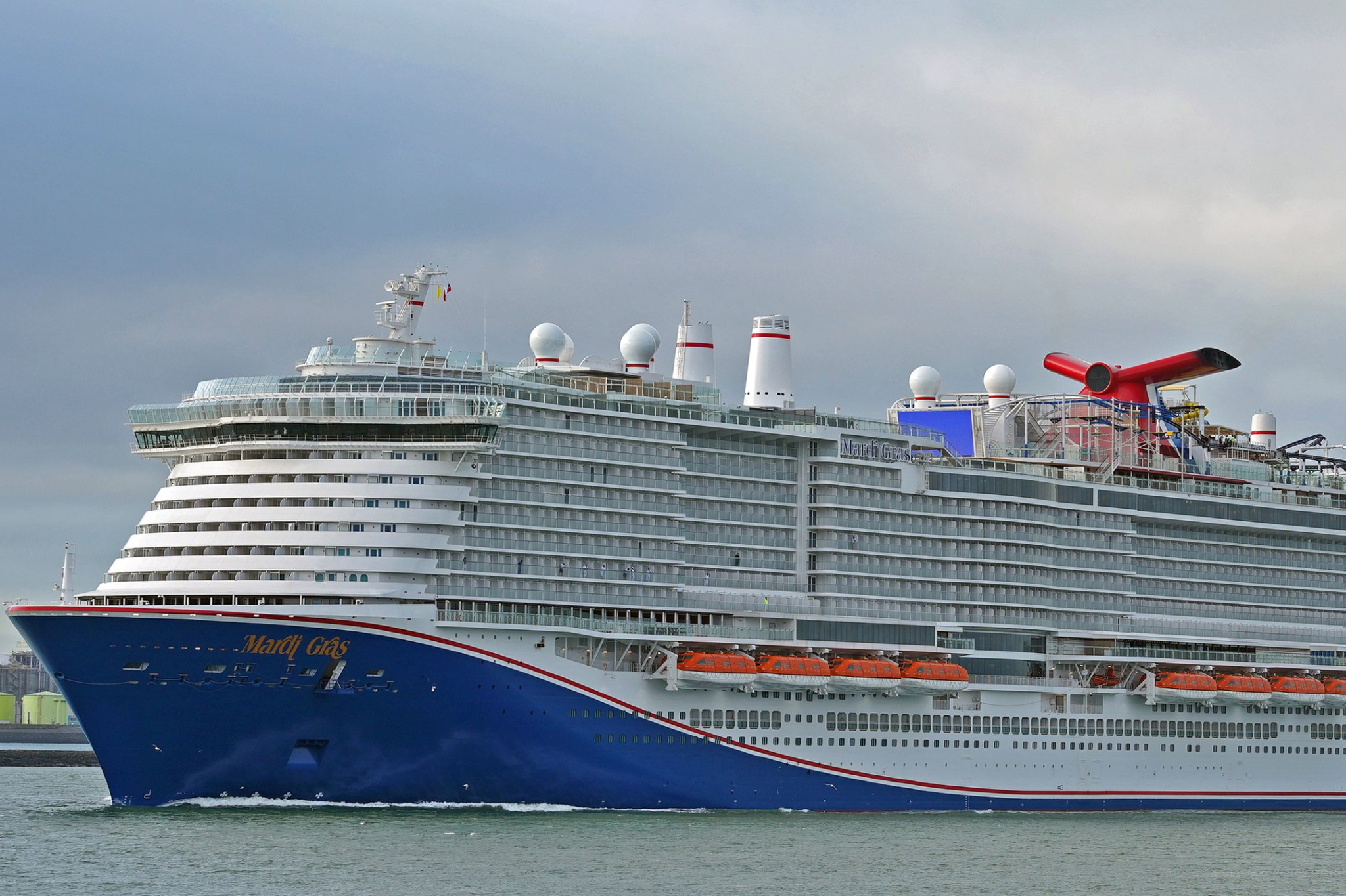 Carnival Cruise Lines Ships by Size comparison featuring Mardi Gras at sea, highlighting its Excel Class scale, multi-deck layout, and expansive top-deck attractions