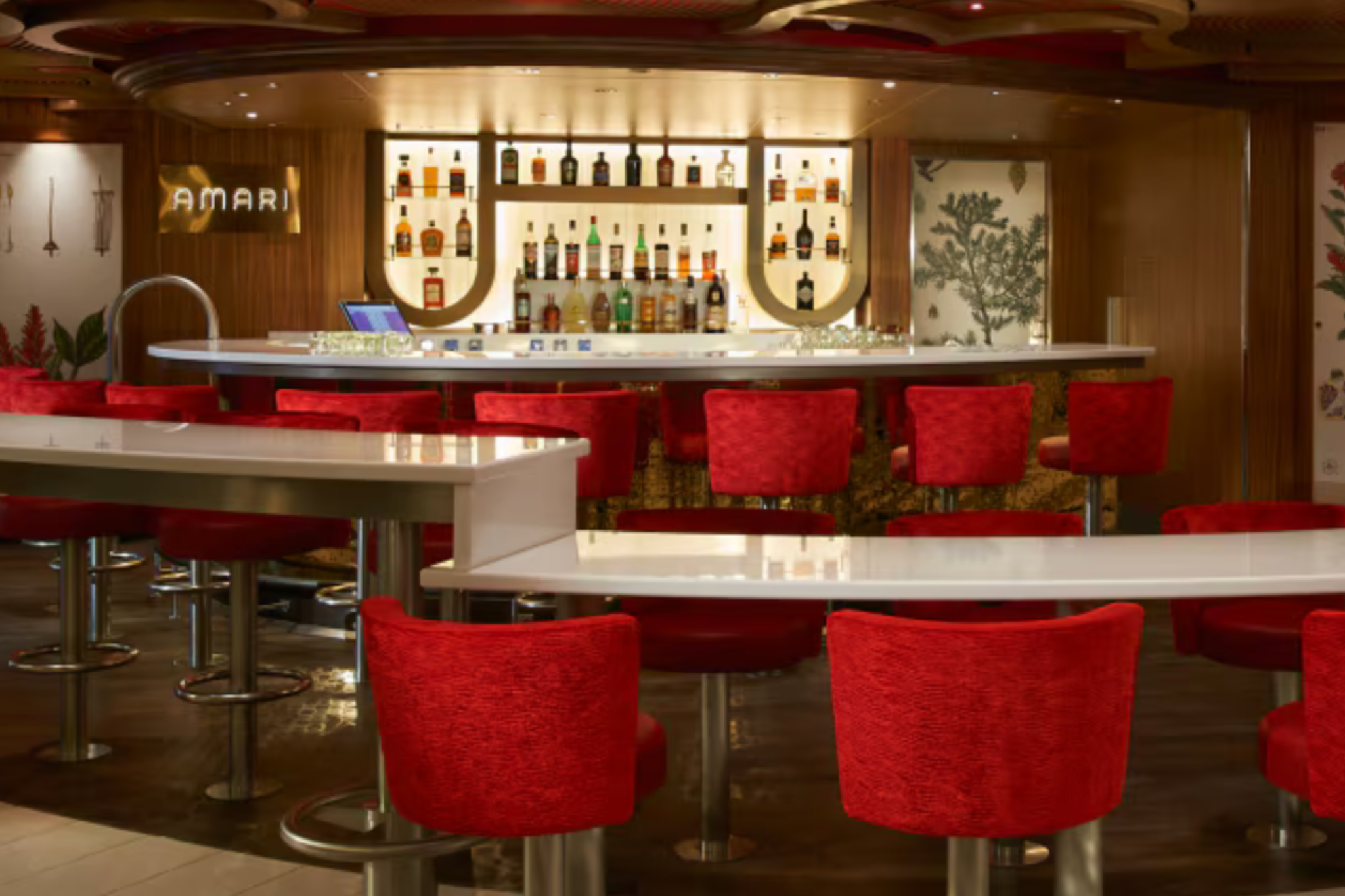 Carnival Venezia Amari bar with red seating and a full display of premium spirits.