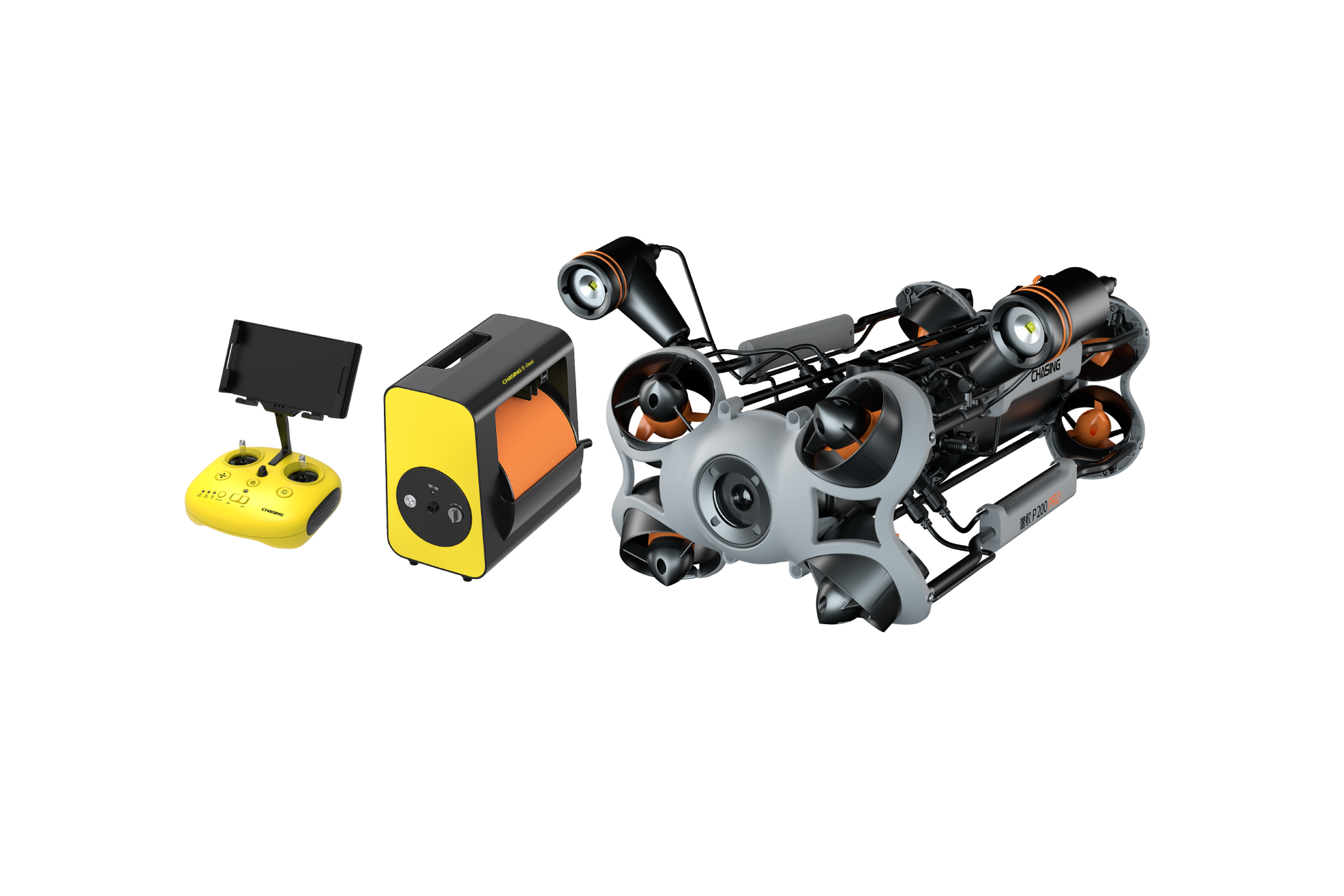 Chasing M2 Pro Max full system layout including controller, tether spool, and the underwater drone prepared for deployment.
