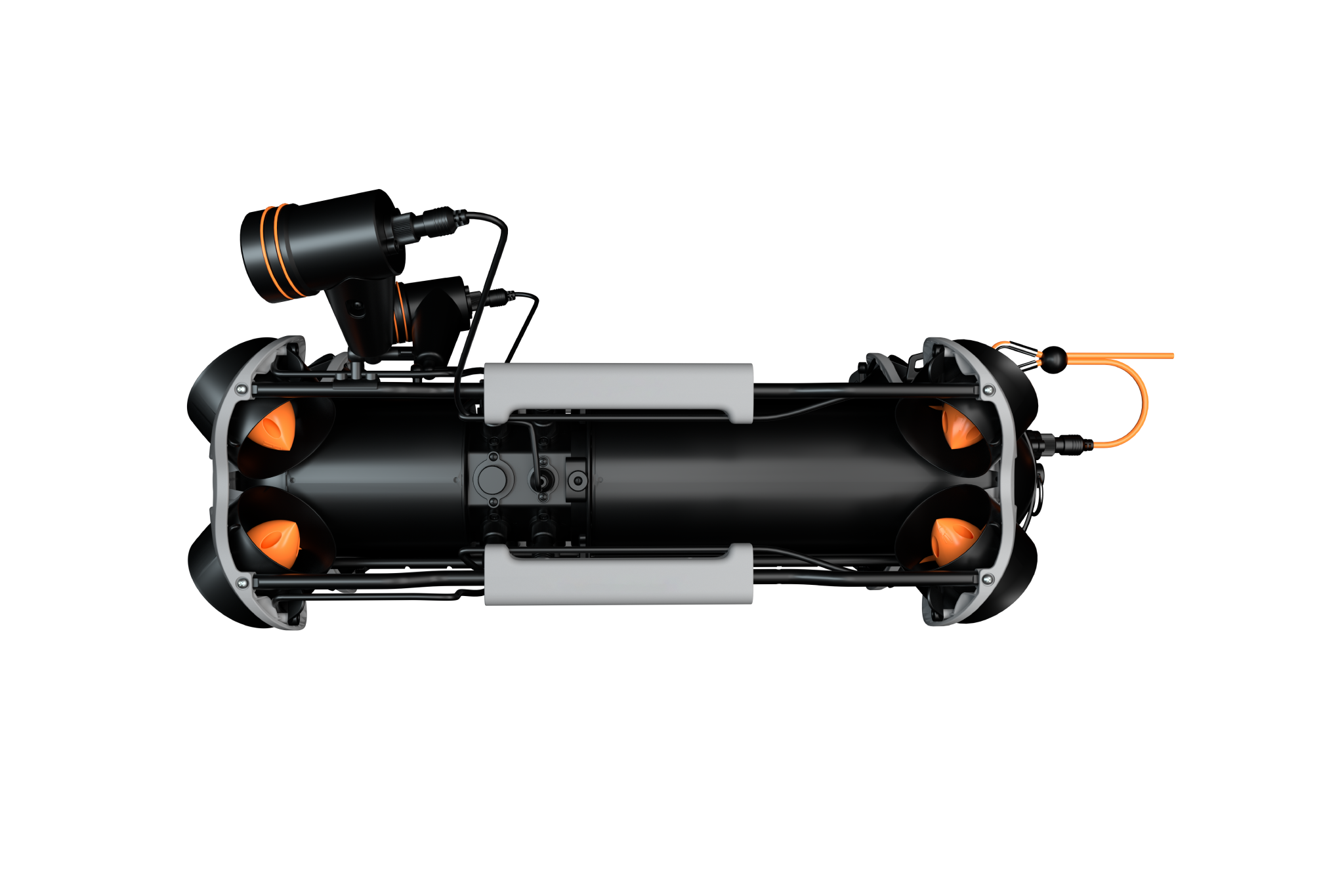 Side profile of the Chasing M2 Pro Max showing its tether port, dual lighting system, and sealed industrial housing.