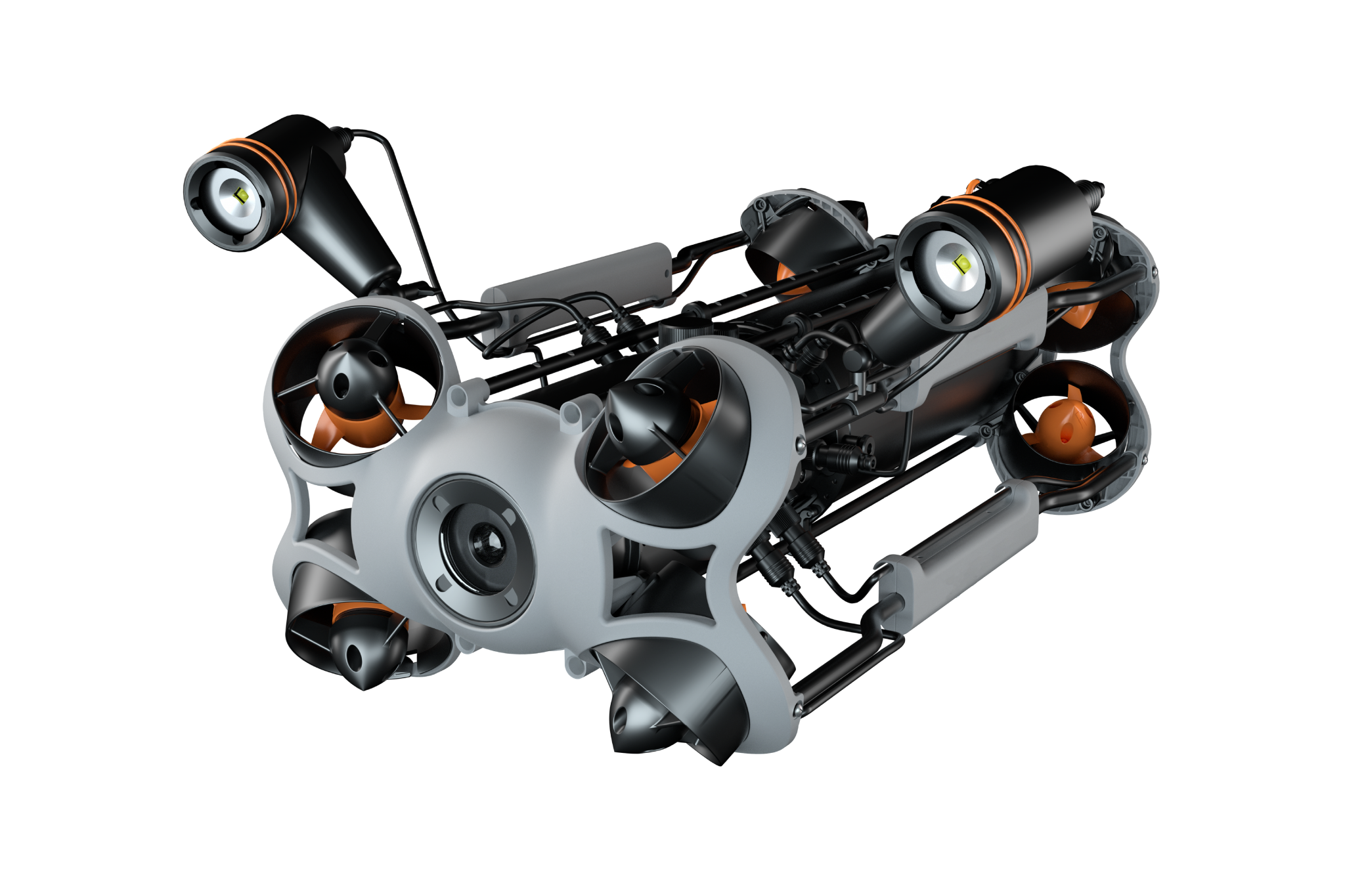 Close-up of the Chasing M2 Pro Max with a focus on the integrated 4K camera, directional thrusters, and modular ports.