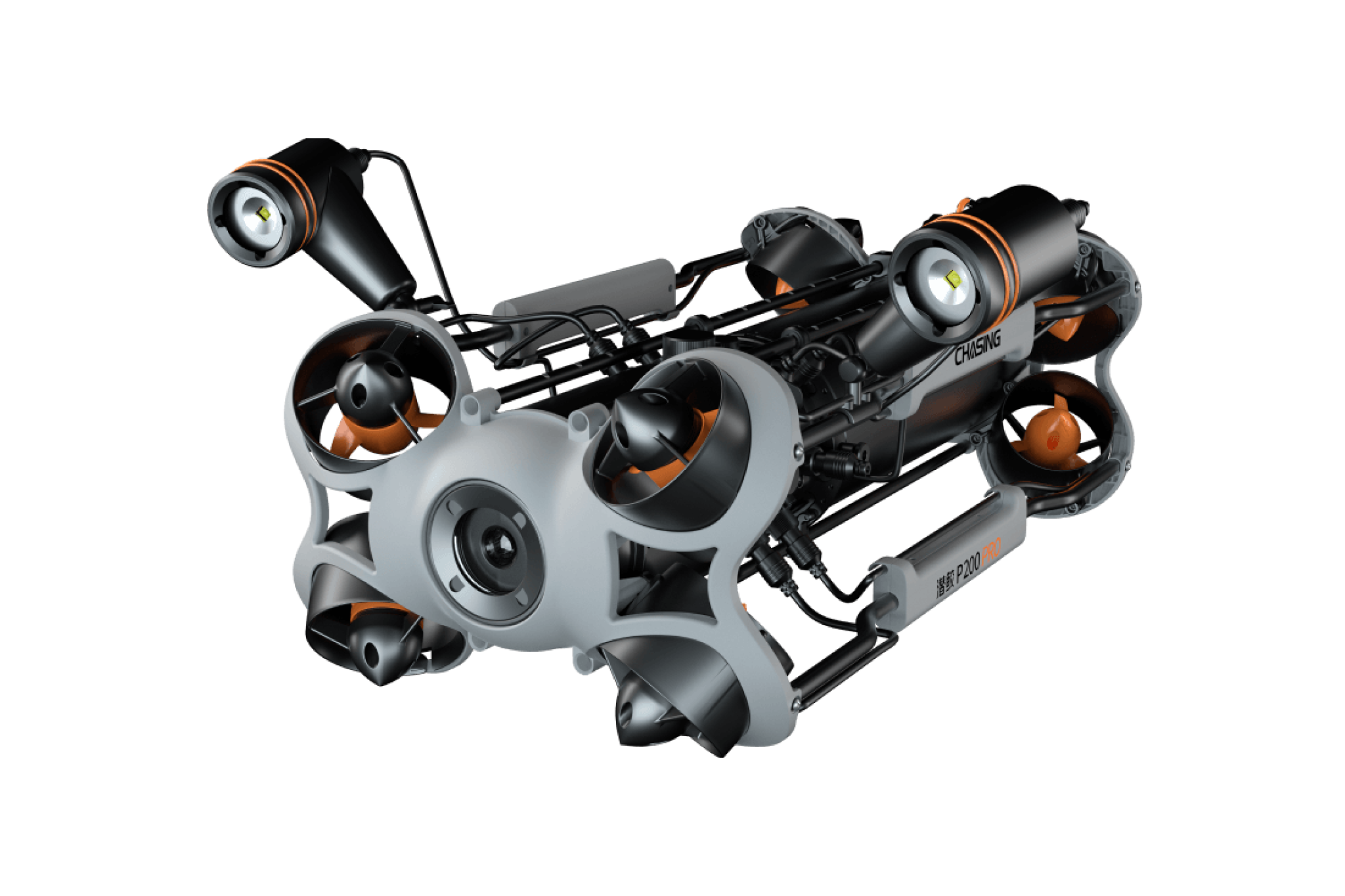 Front angle of the Chasing M2 Pro Max showcasing its modular LED lights, forward thrusters, and accessory-ready frame.