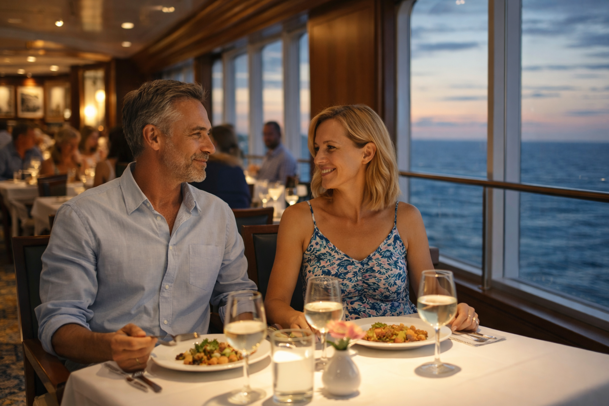 A casually dressed couple enjoying dinner on a cruise ship, highlighting cruise myths about strict formal dress codes each evening.