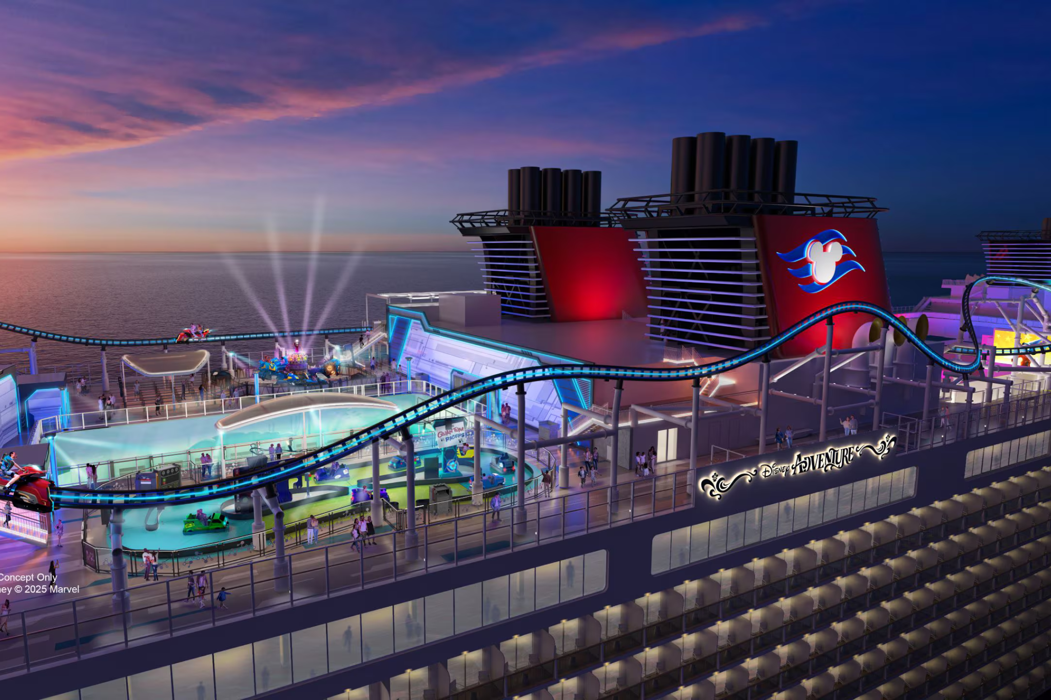 Disney Adventure upper deck featuring immersive themed zones, open-air entertainment areas, and a family-focused deck experience at sunset