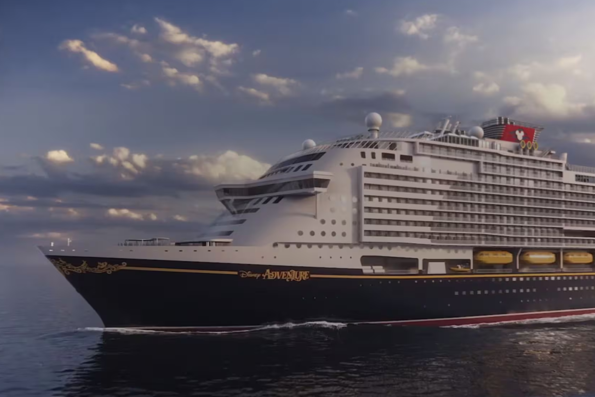 Disney Adventure cruise ship exterior showcasing Disney Cruise Line’s largest vessel, signature black hull, and iconic funnel design at sea”