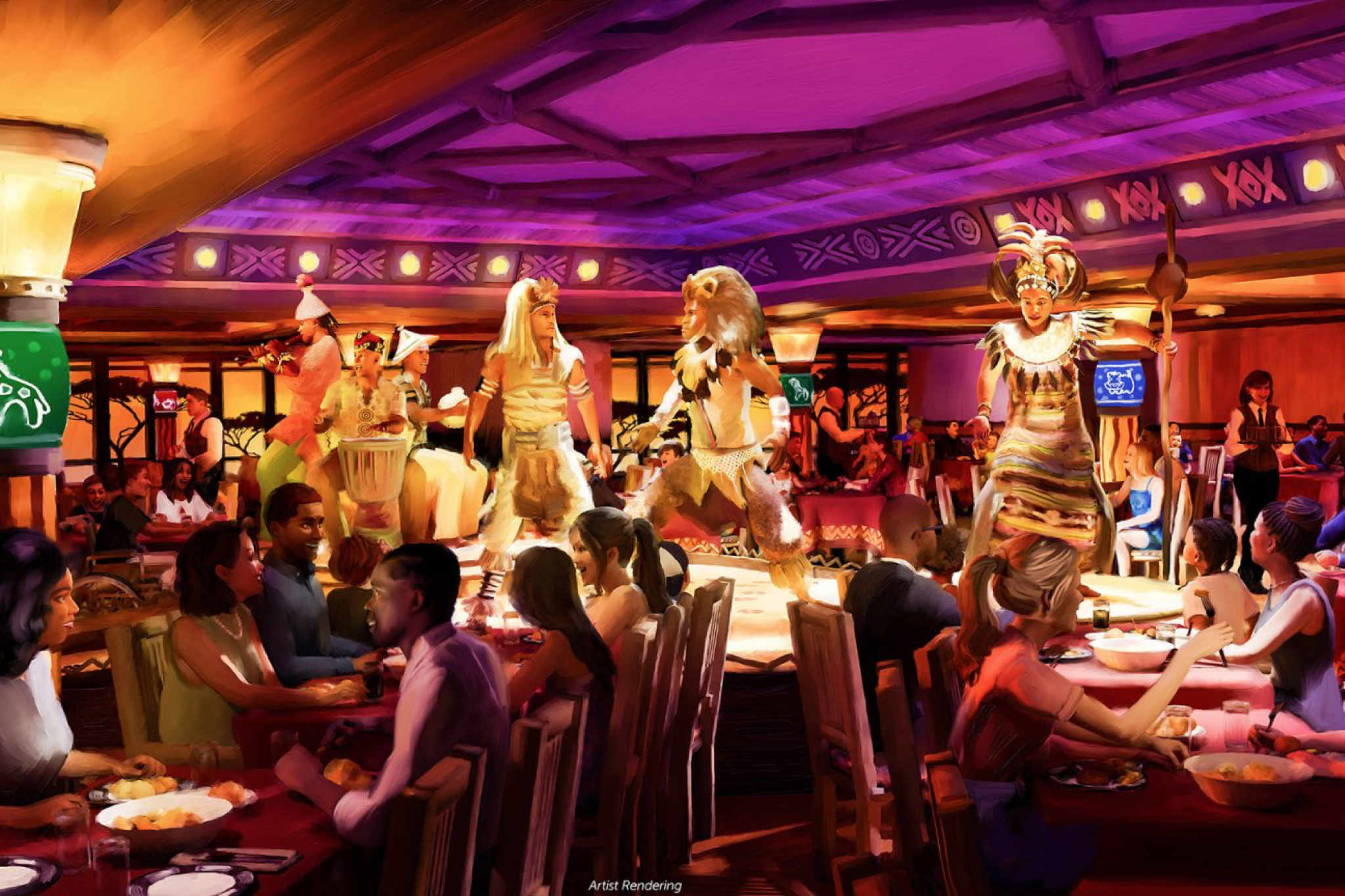 Immersive Lion King-themed dining venue on Disney Destiny, with live performances and vibrant storytelling atmosphere for families.
