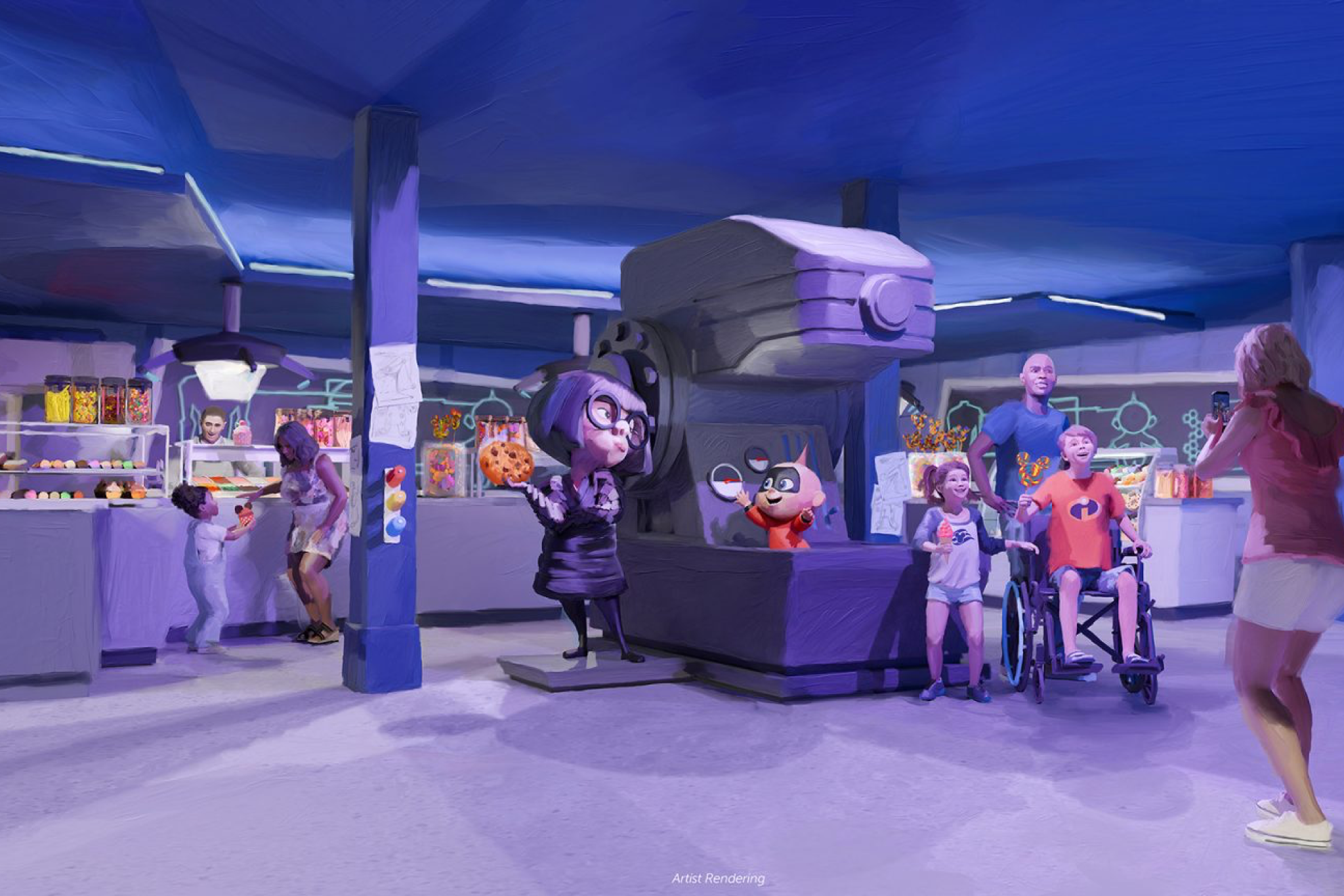Pixar-inspired dessert and snack station aboard Disney Destiny, featuring characters from The Incredibles and interactive family-friendly design.
