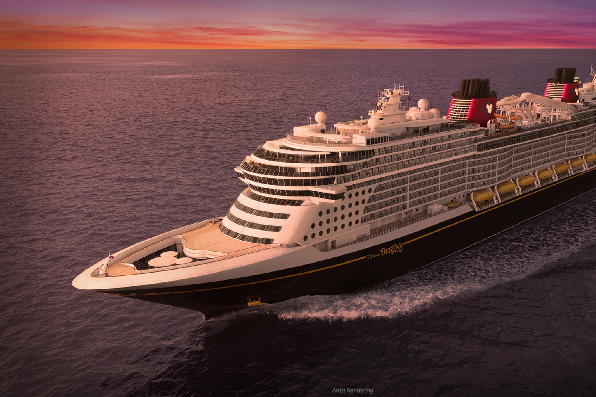 Disney Destiny cruise ship sailing at sunset, showcasing its sleek black-and-gold hull and signature twin red funnels at sea.