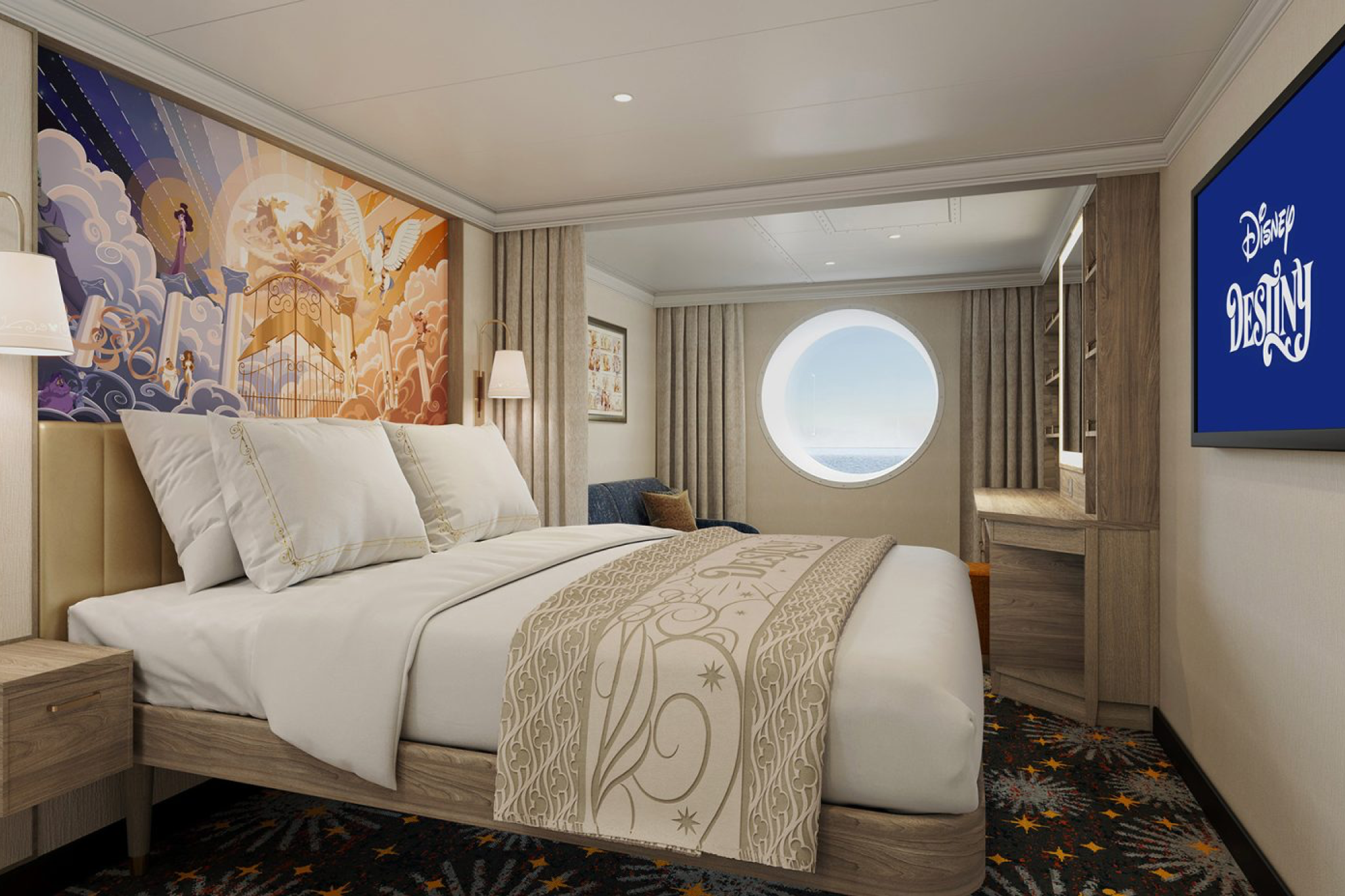 Elegant oceanview stateroom aboard Disney Destiny featuring Hercules-inspired artwork, round porthole window, and neutral tones.