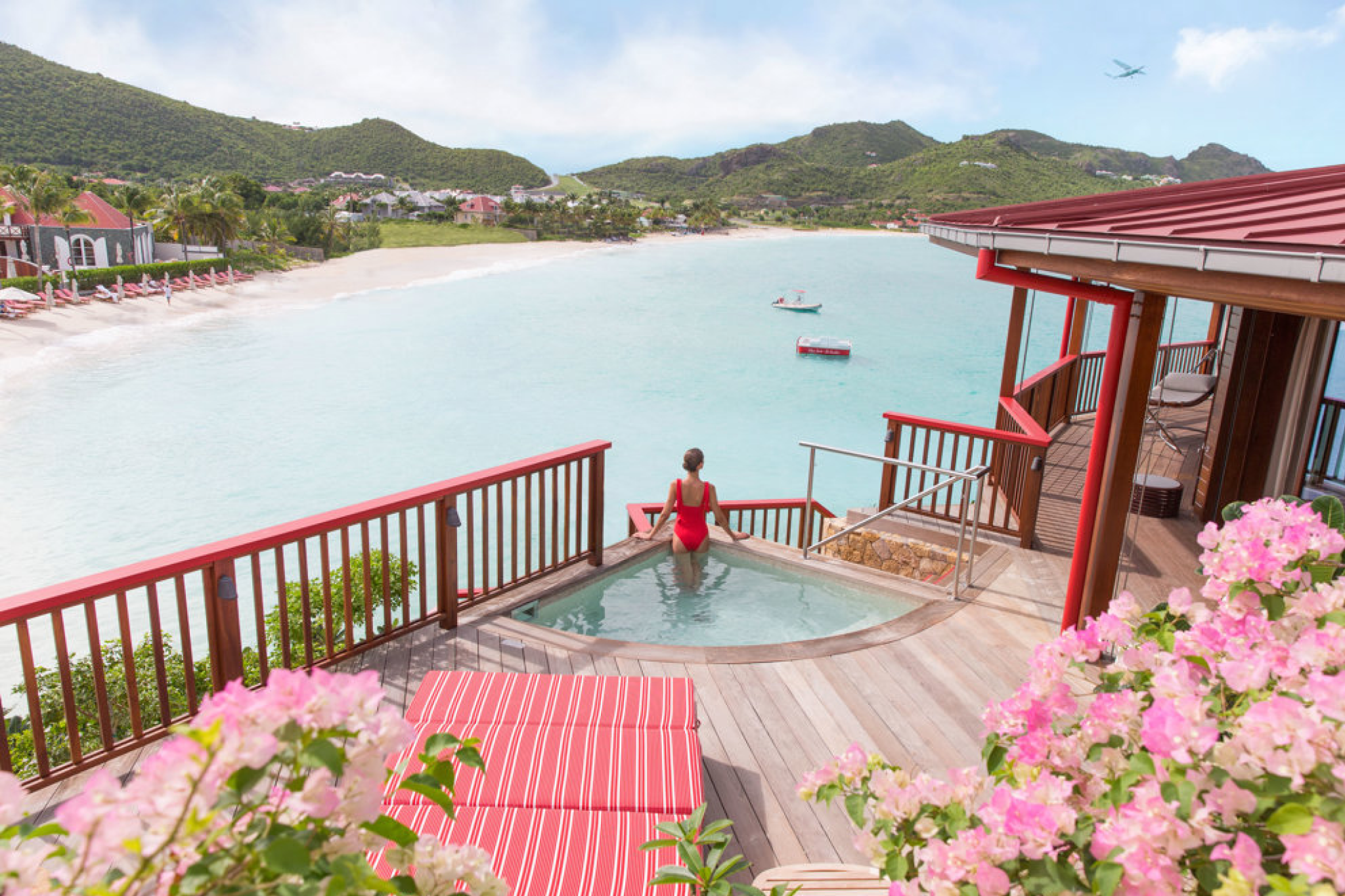 Oceanfront terrace and private plunge pool at Eden Rock St. Barths with panoramic views of the beach and surrounding hills.