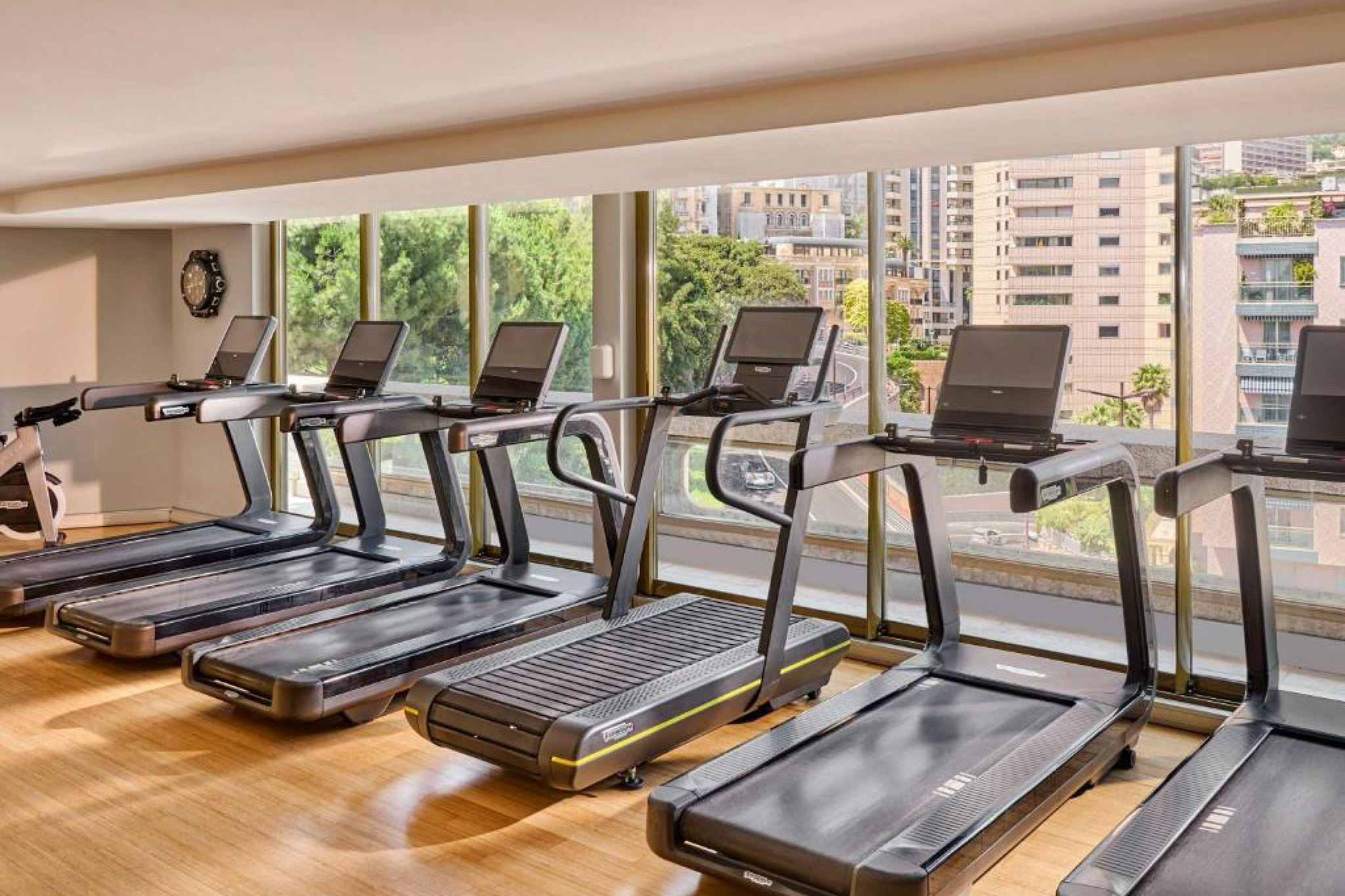 Fitness center at Fairmont Monte Carlo with Technogym equipment and panoramic views of Monaco