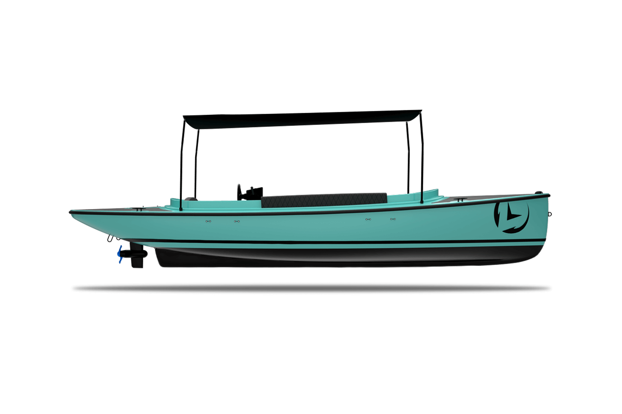 A side profile render of the Fantail 217, showing its clean electric day cruiser design and canopy setup, ideal for relaxed and eco-friendly cruising.