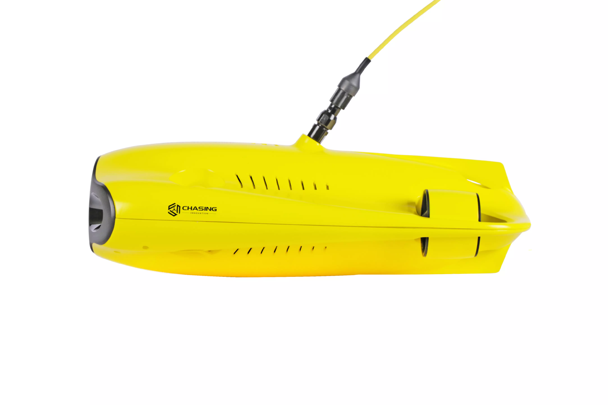 Side view of the Gladius Mini underwater drone showcasing its sleek, hydrodynamic yellow design and tether connection port for stable underwater control.