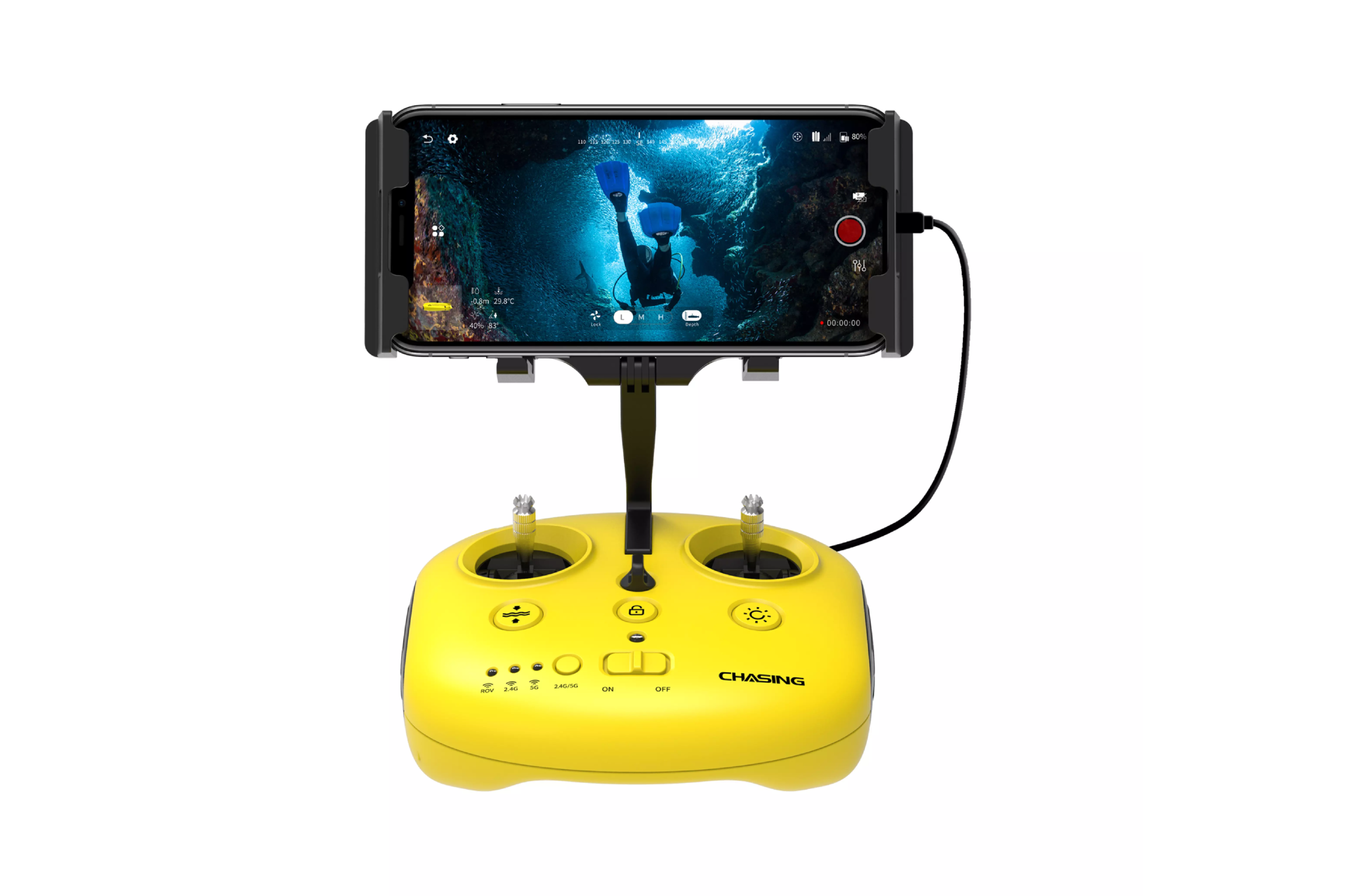 Gladius Mini controller with smartphone display showing underwater live footage of a diver, illustrating real-time remote operation and HD video streaming capabilities.