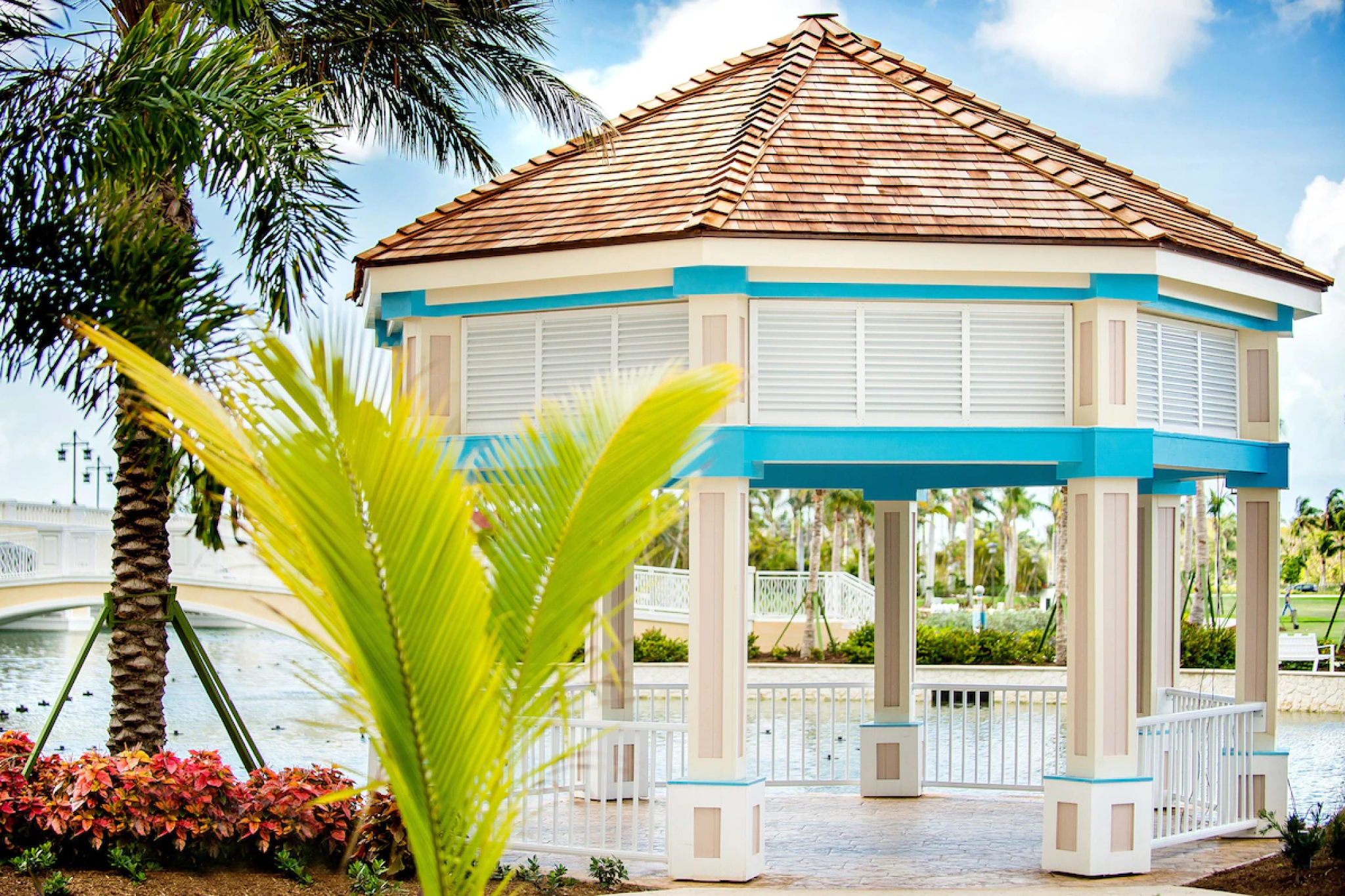 Charming outdoor gazebo at Grand Hyatt Baha Mar surrounded by tropical landscaping and water views