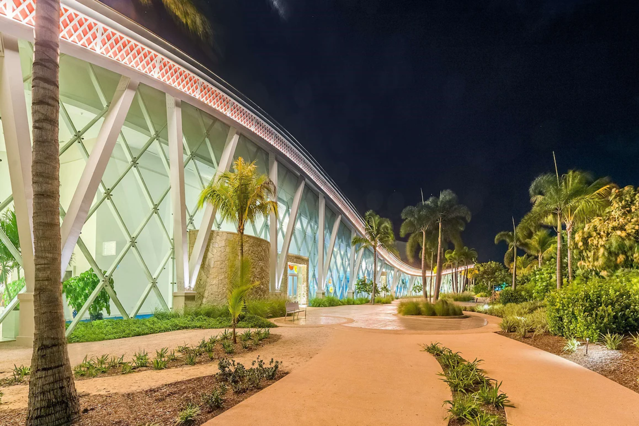 Night view of the Grand Hyatt Baha Mar resort walkway surrounded by palm trees and illuminated architecture