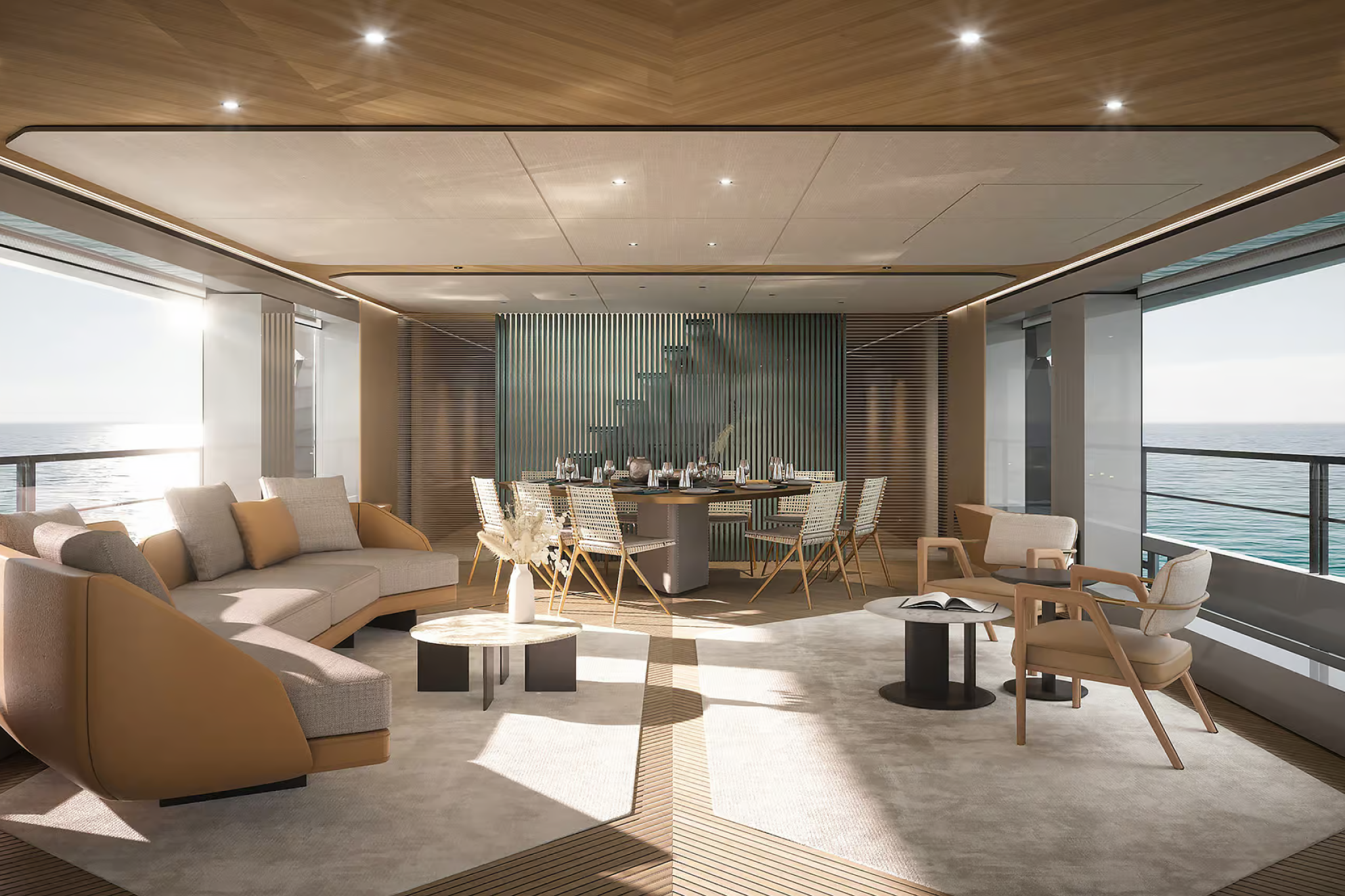 Interior of the Azimut Grande 30M featuring an open-plan dining and lounge area with panoramic sea views, neutral tones, and natural wood finishes.