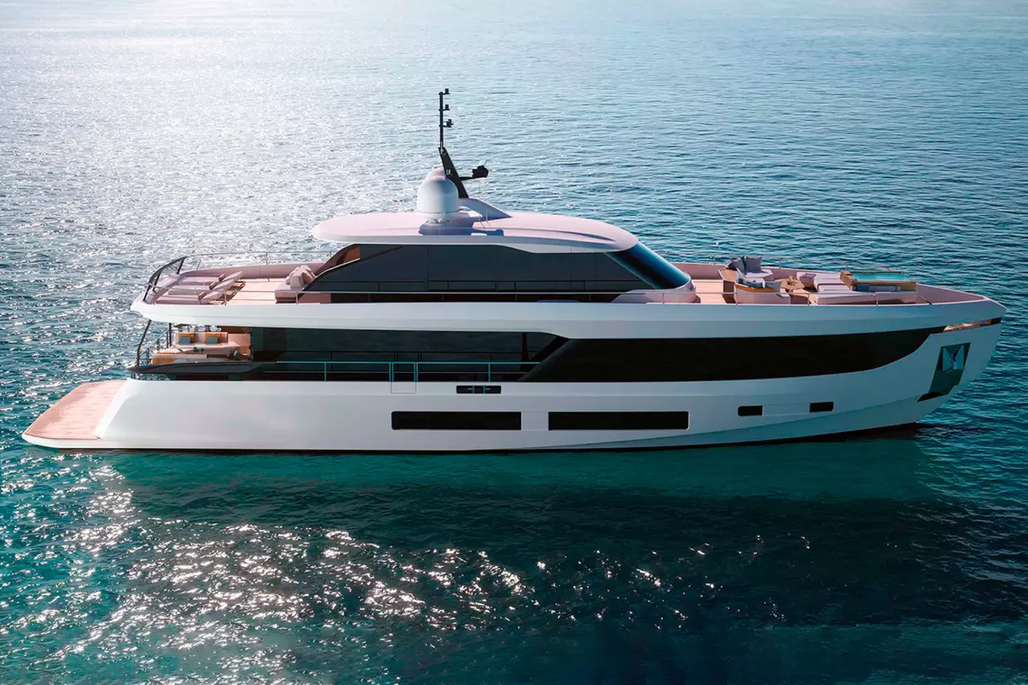 Side profile of the Azimut Grande 30M yacht cruising in calm blue waters, showcasing its sleek lines, expansive windows, and multi-level decks.