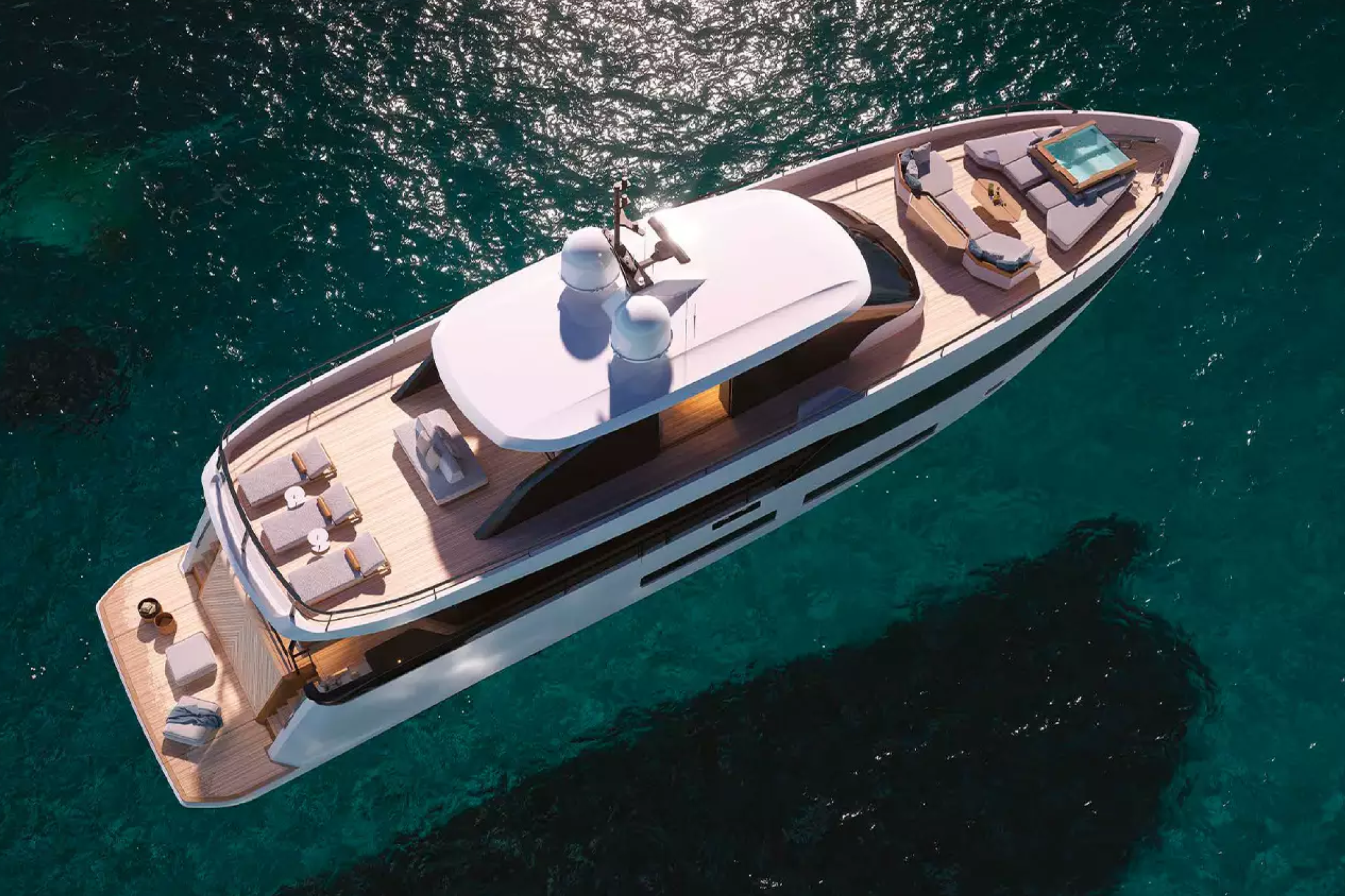Aerial view of the Azimut Grande 30M highlighting the Infinity Skydeck, forward pool lounge, and aft sunbathing area over turquoise waters.