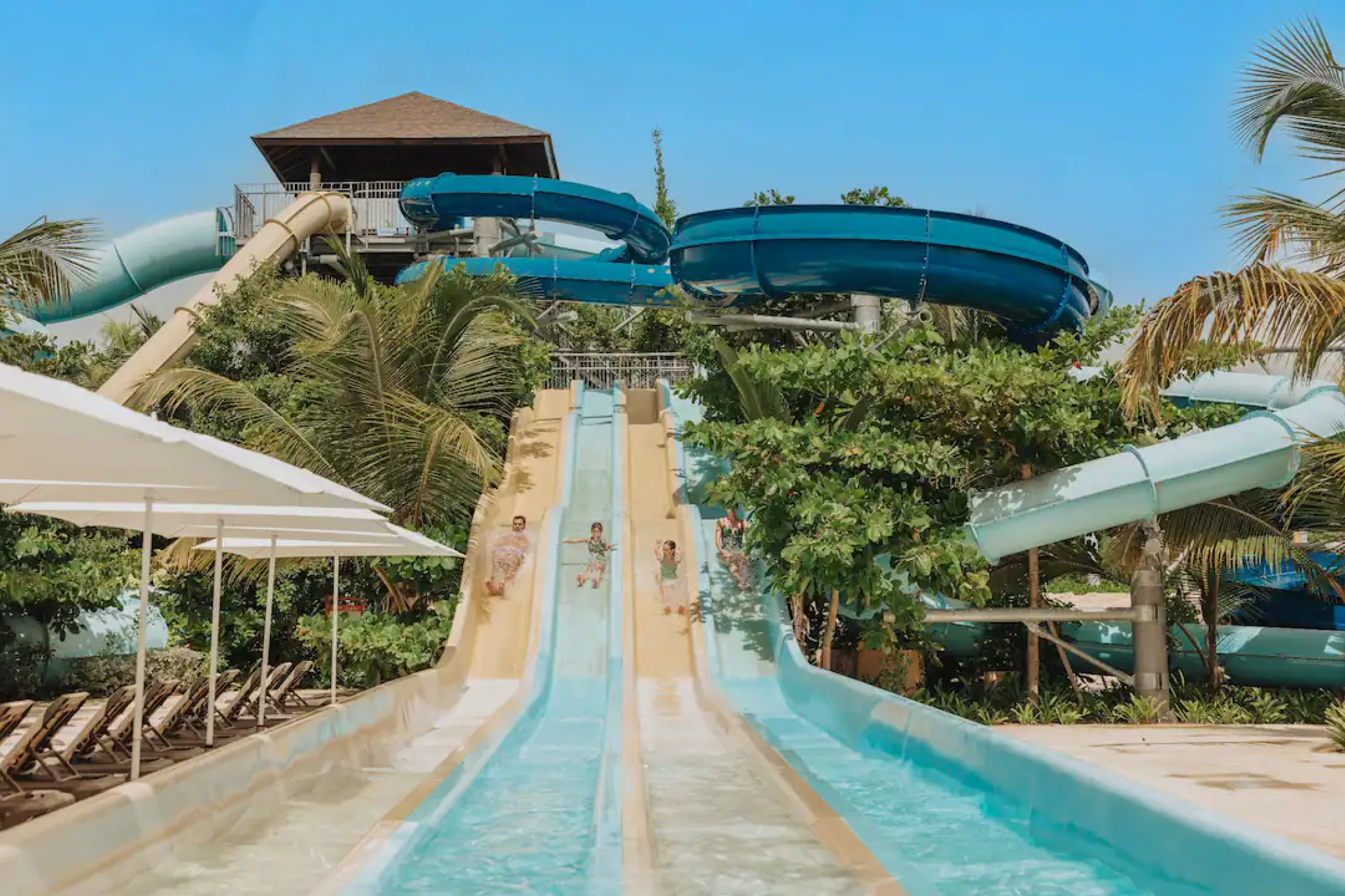 Family enjoying the water slides at the water park inside Hyatt Ziva Cap Cana.