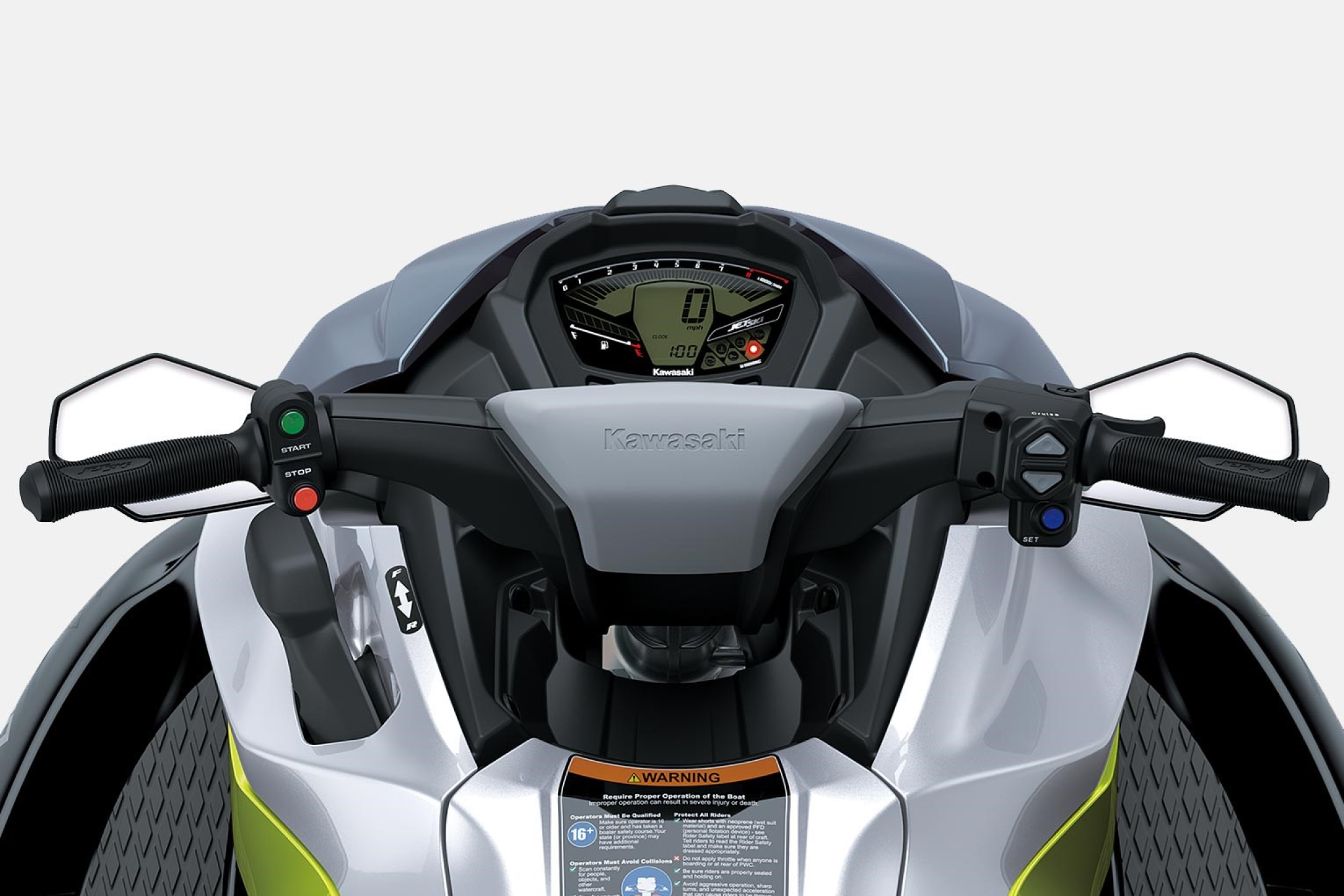 Cockpit view of the 2026 Jet Ski ST 160, featuring the digital display, handlebar controls, and rider-assist systems for easy operation.
