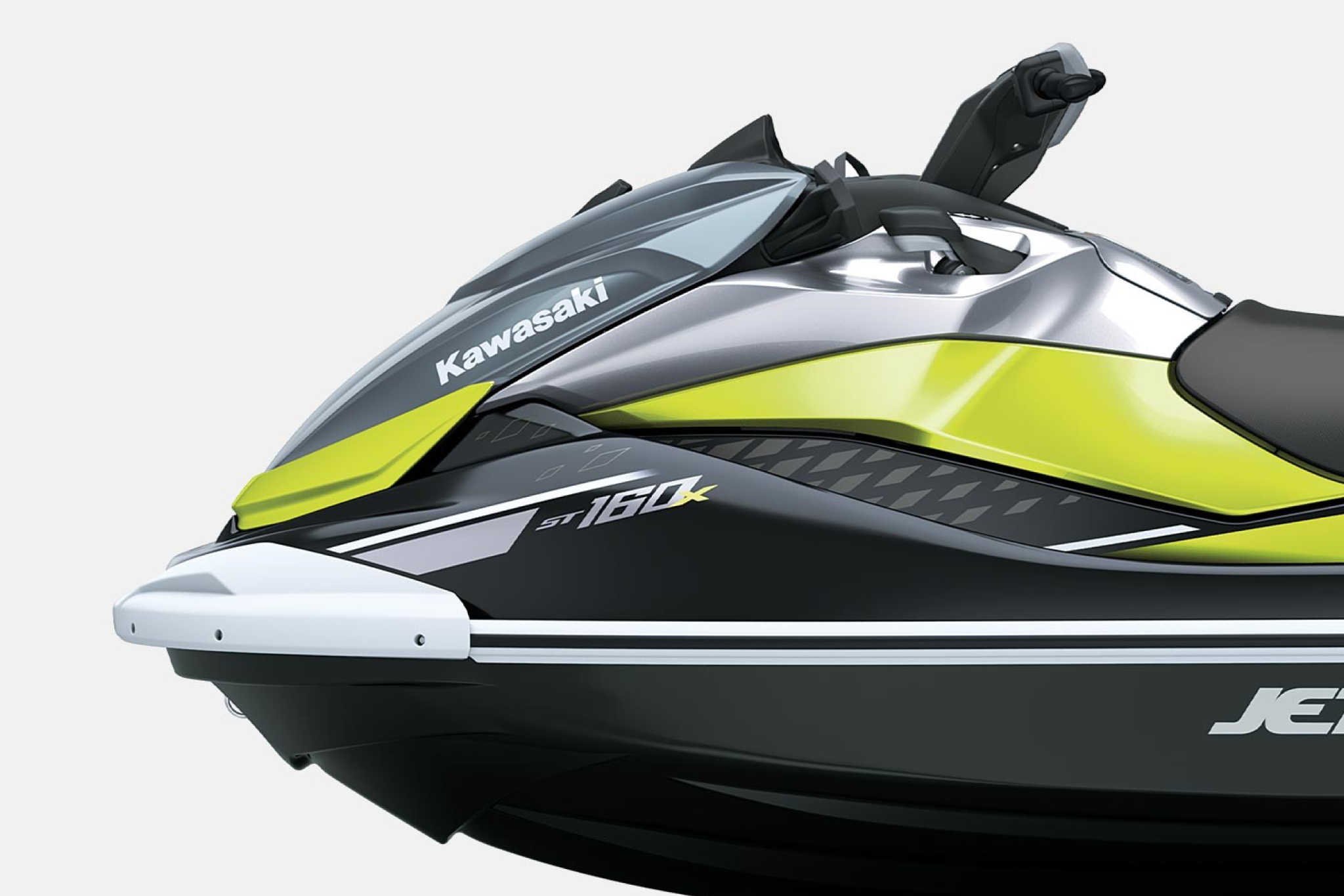 Close-up of the front section on the 2026 Jet Ski ST 160, emphasizing Kawasaki branding, sharp body lines, and durable hull design.