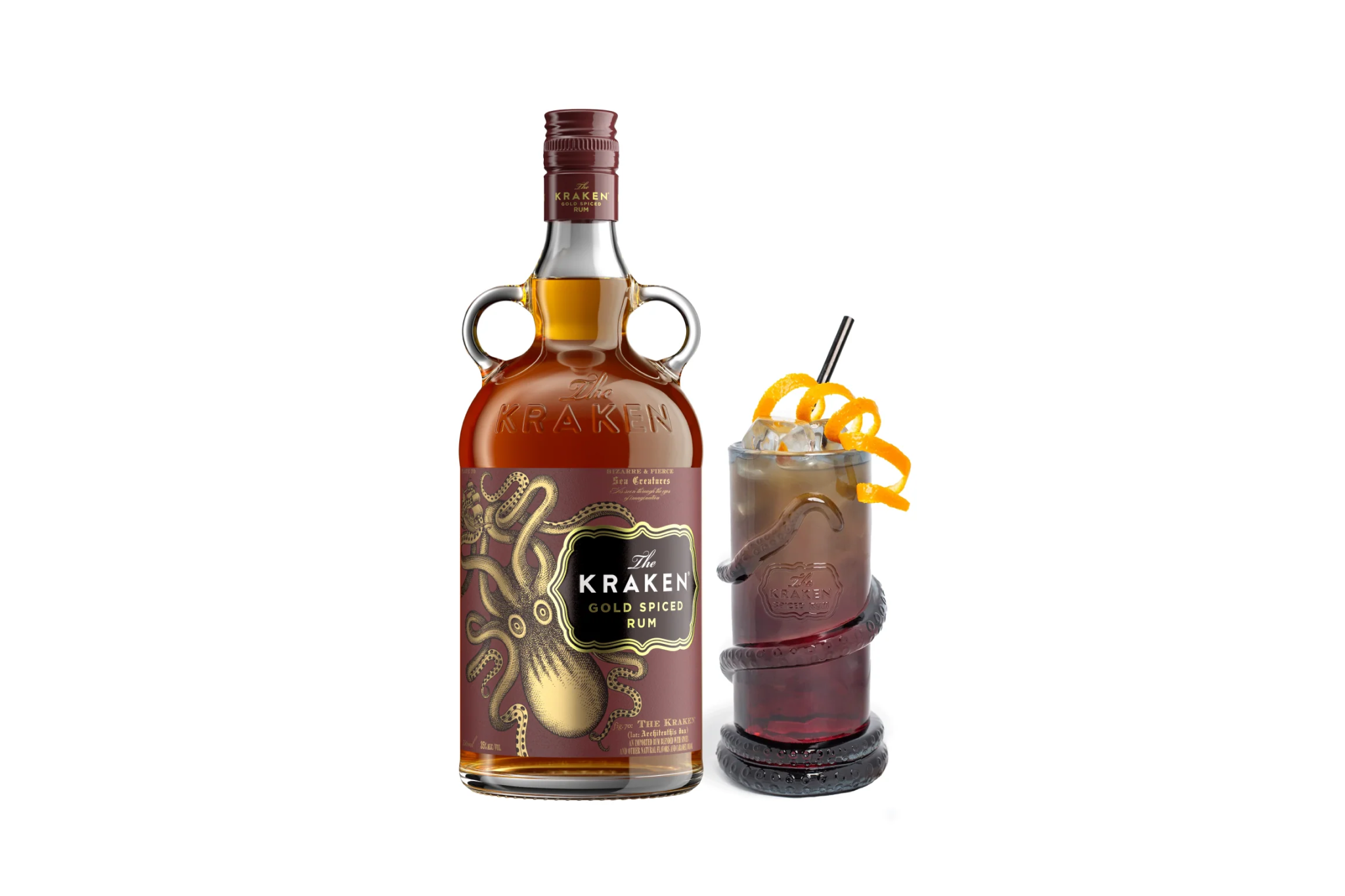 Two bottles of Kraken Black Spiced Rum and Kraken Gold Spiced Rum placed side by side with a vivid background of red and yellow lights.