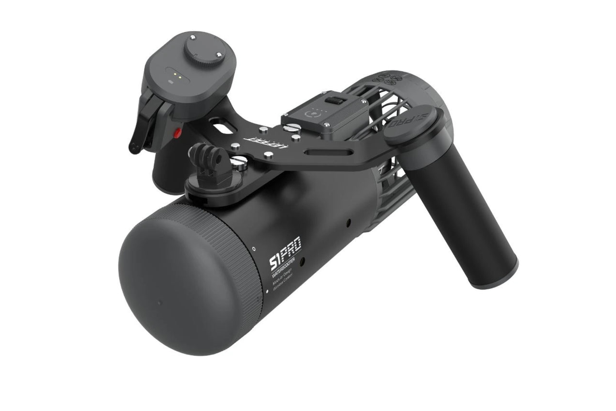 Angled view of LEFEET S1 Pro compact underwater scooter with modular components