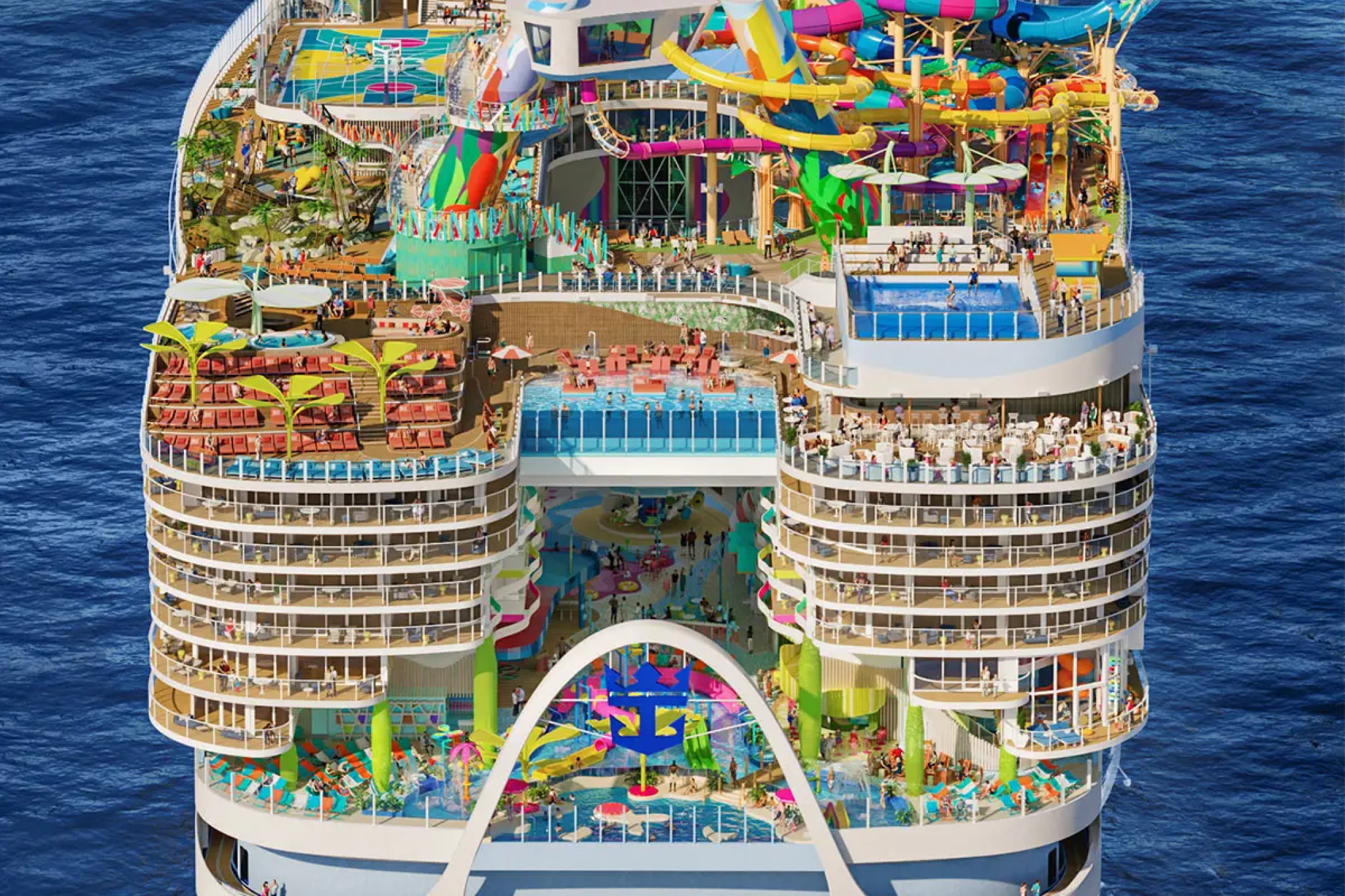 Rear view of Legend of the Seas highlighting multiple tiered pools, colorful water slides, and recreational areas stacked across its stern