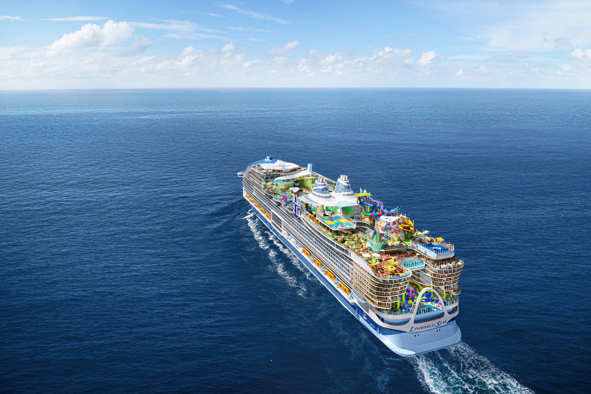 Close-up of Legend of the Seas at sea with a clear view of its elaborate upper deck neighborhoods, attractions, and sports courts