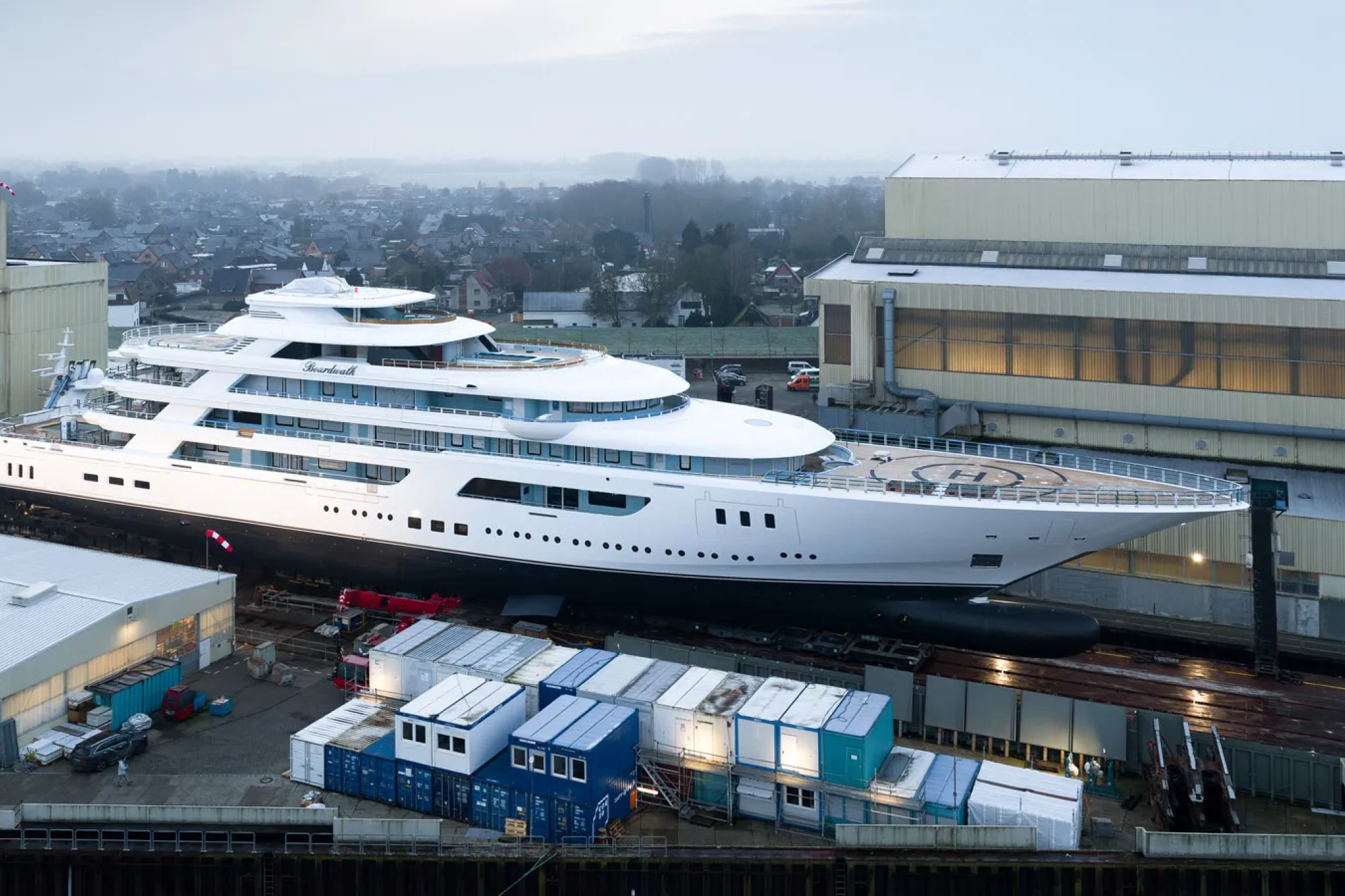 Breakthrough, the 117-meter Lürssen-built superyacht photographed at the shipyard, illustrating the scale and volume that define major superyachts expected to launch in 2026.
