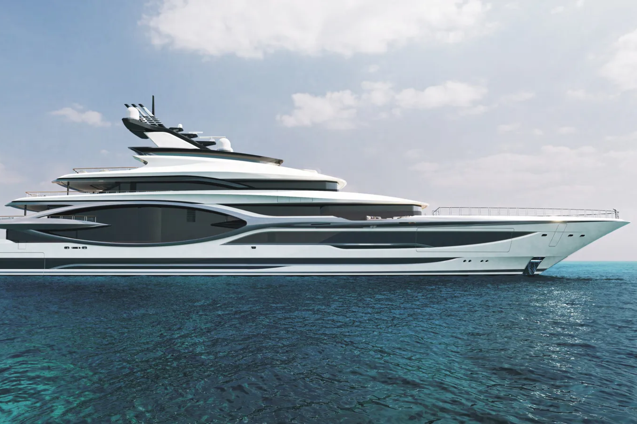 Hull 597, formerly Project Titanium, the 100-meter Admiral flagship superyacht with sleek exterior styling, highlighting Italian craftsmanship among major superyachts expected to launch in 2026.