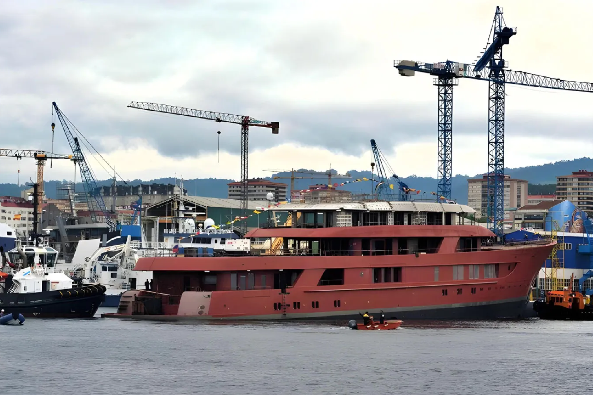 Project Incógnita, the 107-meter superyacht built by Freire, shown afloat during outfitting, underscoring its secrecy and status among major superyachts expected to launch in 2026.