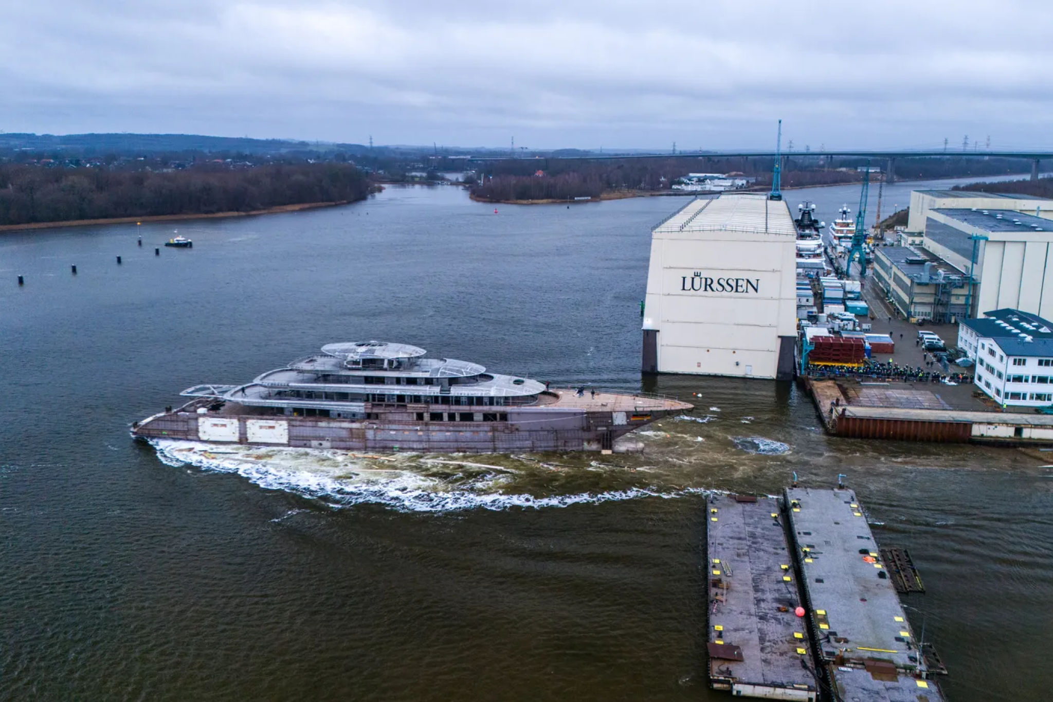 Project Jassi, the 103-meter Lürssen superyacht with clean, layered deck lines, photographed during technical launch, ranking among major superyachts expected to launch in 2026.